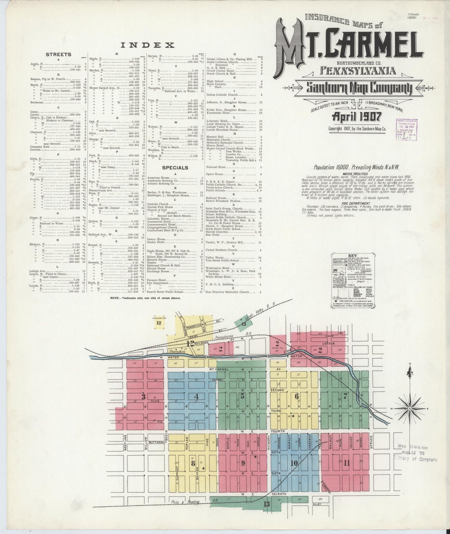 Sanborn Fire Insurance Map from Mount Carmel, Northumberland County, Pennsylvania (1907), Sheet #0001 - Historic Sanborn Fire Insurance Map Print, vintage old map wall art, antique decor, genealogy gift, Pennsylvania Pennsylvania map