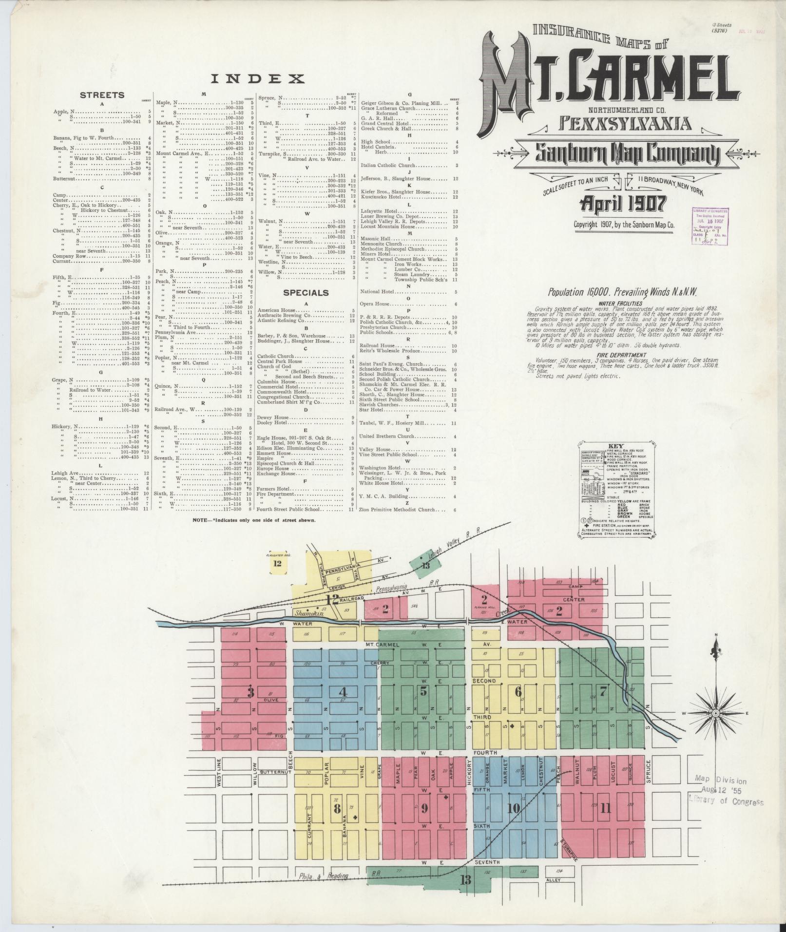 Sanborn Fire Insurance Map from Mount Carmel, Northumberland County, Pennsylvania (1907), Sheet #0001 - Historic Sanborn Fire Insurance Map Print, vintage old map wall art, antique decor, genealogy gift, Pennsylvania Pennsylvania map