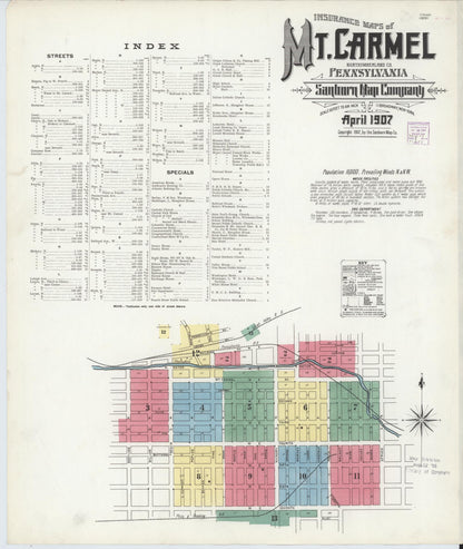 Sanborn Fire Insurance Map from Mount Carmel, Northumberland County, Pennsylvania (1907), Sheet #0001 - Historic Sanborn Fire Insurance Map Print, vintage old map wall art, antique decor, genealogy gift, Pennsylvania Pennsylvania map