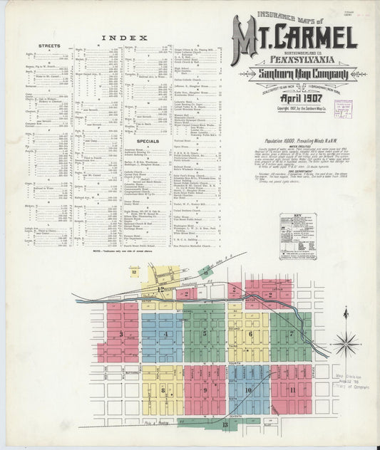 Sanborn Fire Insurance Map from Mount Carmel, Northumberland County, Pennsylvania (1907), Sheet #0001 - Historic Sanborn Fire Insurance Map Print, vintage old map wall art, antique decor, genealogy gift, Pennsylvania Pennsylvania map