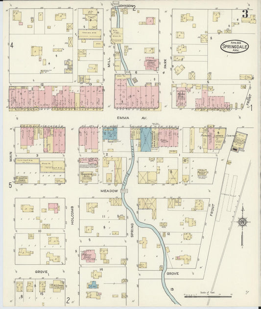 Sanborn Fire Insurance Map from Springdale, Washington County, Arkansas (1914), Sheet #0003 - Historic Sanborn Fire Insurance Map Print, vintage old map wall art, antique decor, genealogy gift, Arkansas Arkansas map