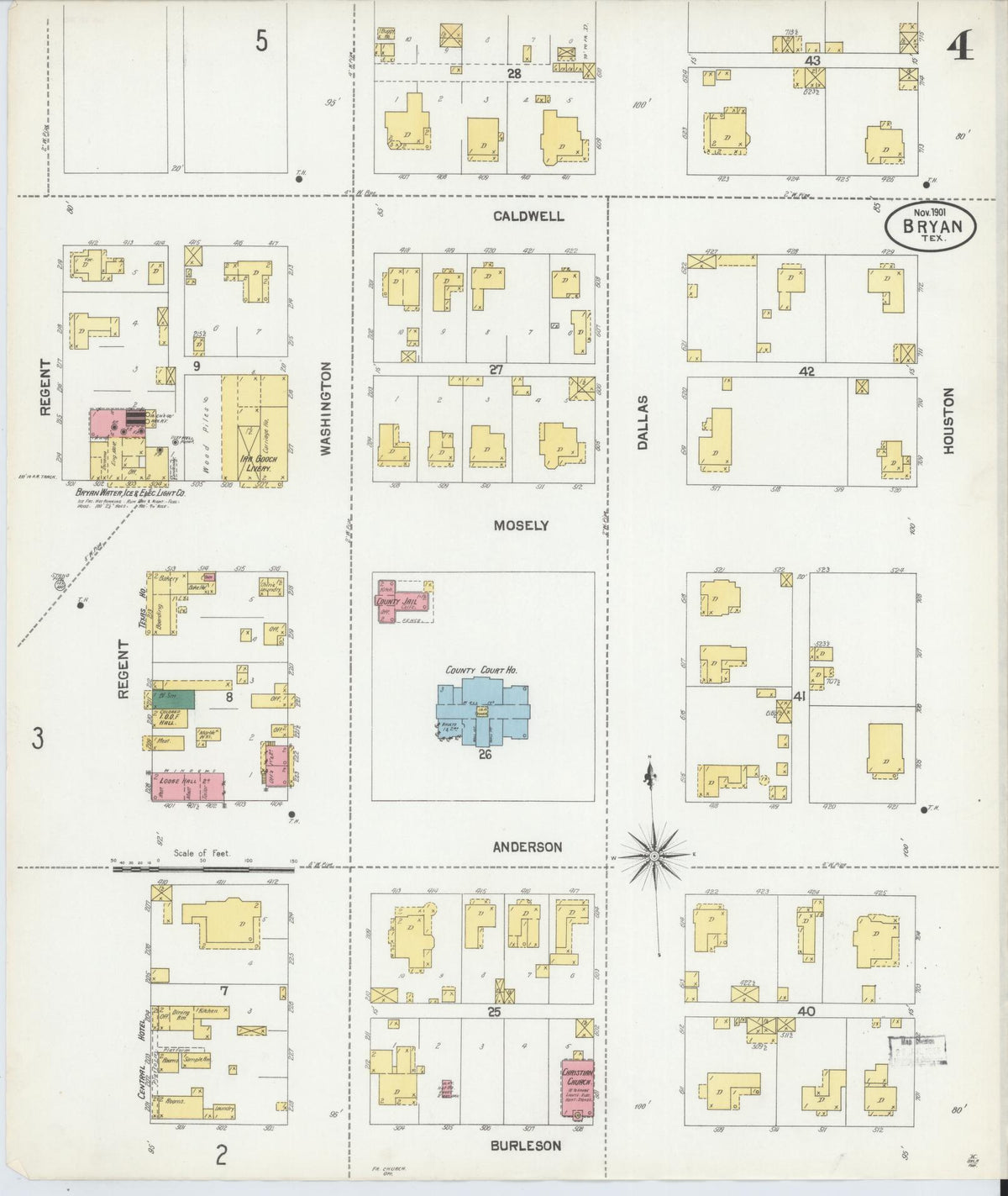 Sanborn Fire Insurance Map from Bryan, Brazos County, Texas (1901), Sheet #0004 - Complete Map Set gallery image, historic Sanborn map, vintage wall art, Texas Texas
