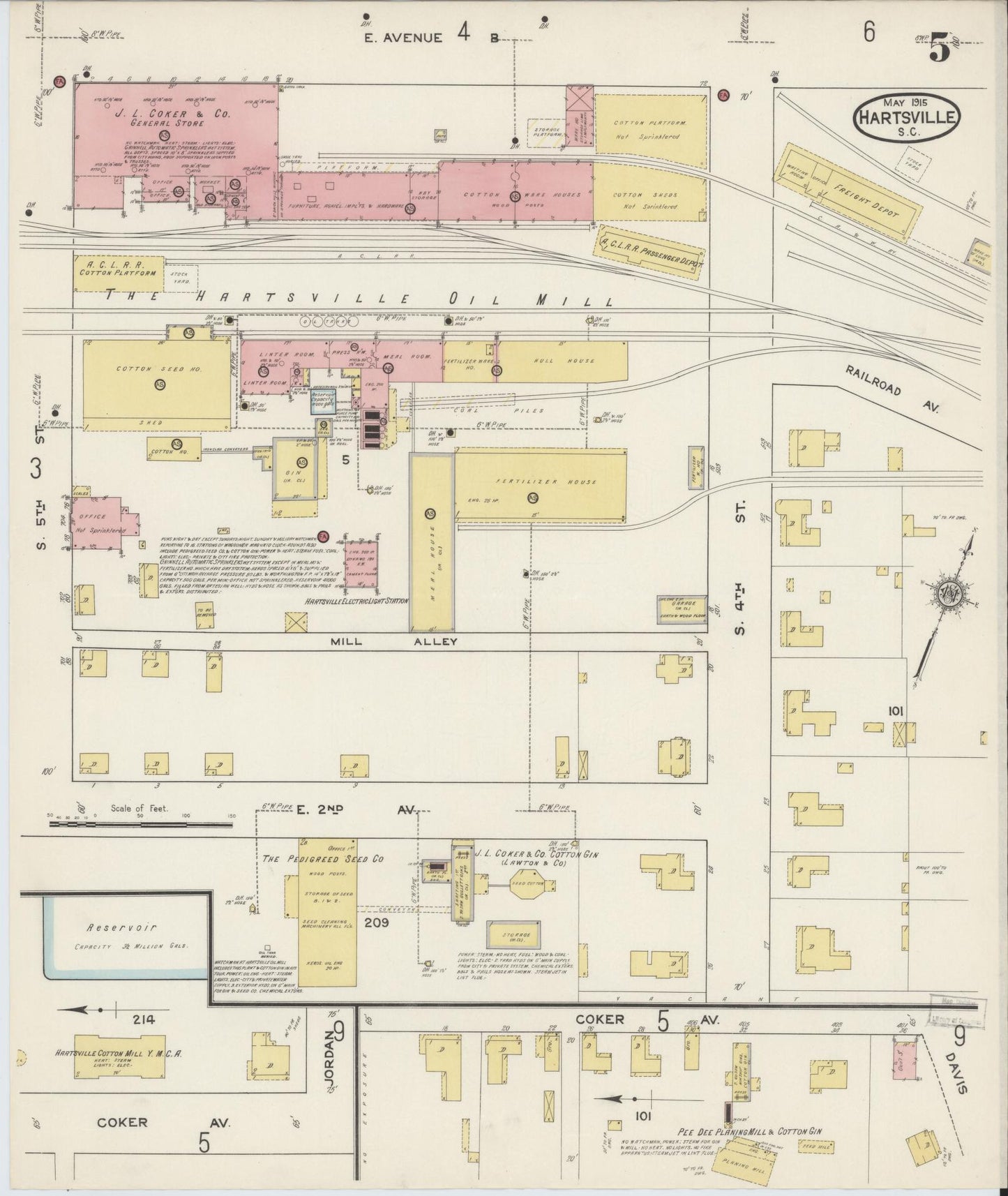 Sanborn Fire Insurance Map from Hartsville, Darlington County, South Carolina (1915), Sheet #0005 - Complete Map Set gallery image, historic Sanborn map, vintage wall art, South Carolina South Carolina
