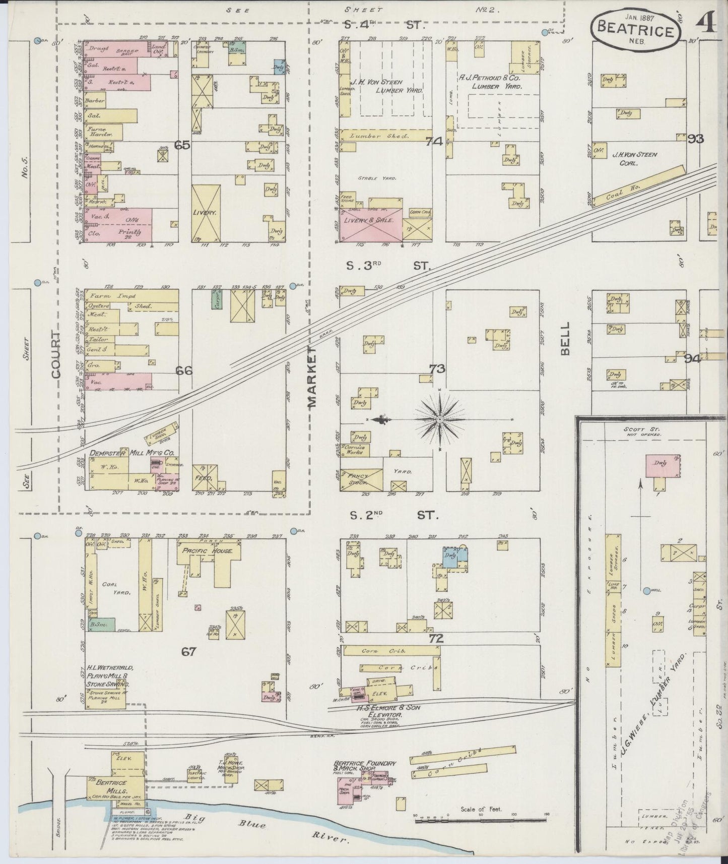 Sanborn Fire Insurance Map from Beatrice, Gage County, Nebraska (1887), Sheet #0004 - Historic Sanborn Fire Insurance Map Print, vintage old map wall art, antique decor, genealogy gift, Nebraska Nebraska map