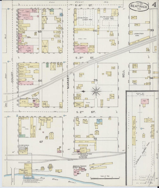 Sanborn Fire Insurance Map from Beatrice, Gage County, Nebraska (1887), Sheet #0004 - Historic Sanborn Fire Insurance Map Print, vintage old map wall art, antique decor, genealogy gift, Nebraska Nebraska map