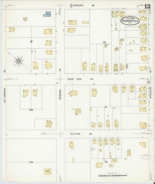 Sanborn Fire Insurance Map from Haddonfield, Camden County, New Jersey (1908), Sheet #0013 - Historic Sanborn Fire Insurance Map Print, vintage old map wall art, antique decor, genealogy gift, New Jersey New Jersey map