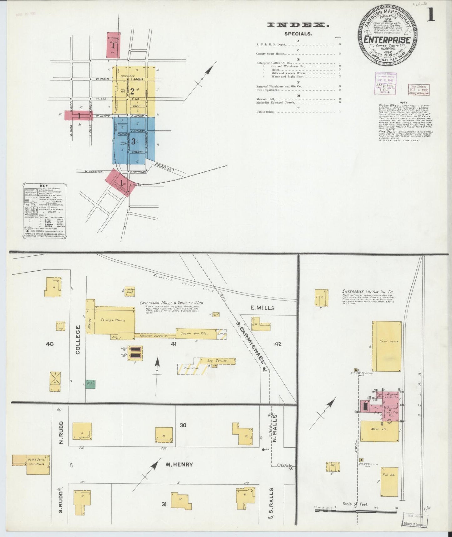 Sanborn Fire Insurance Map from Enterprise, Coffee County, Alabama (1905), Sheet #0001 - Complete Map Set gallery image, historic Sanborn map, vintage wall art, Alabama Alabama