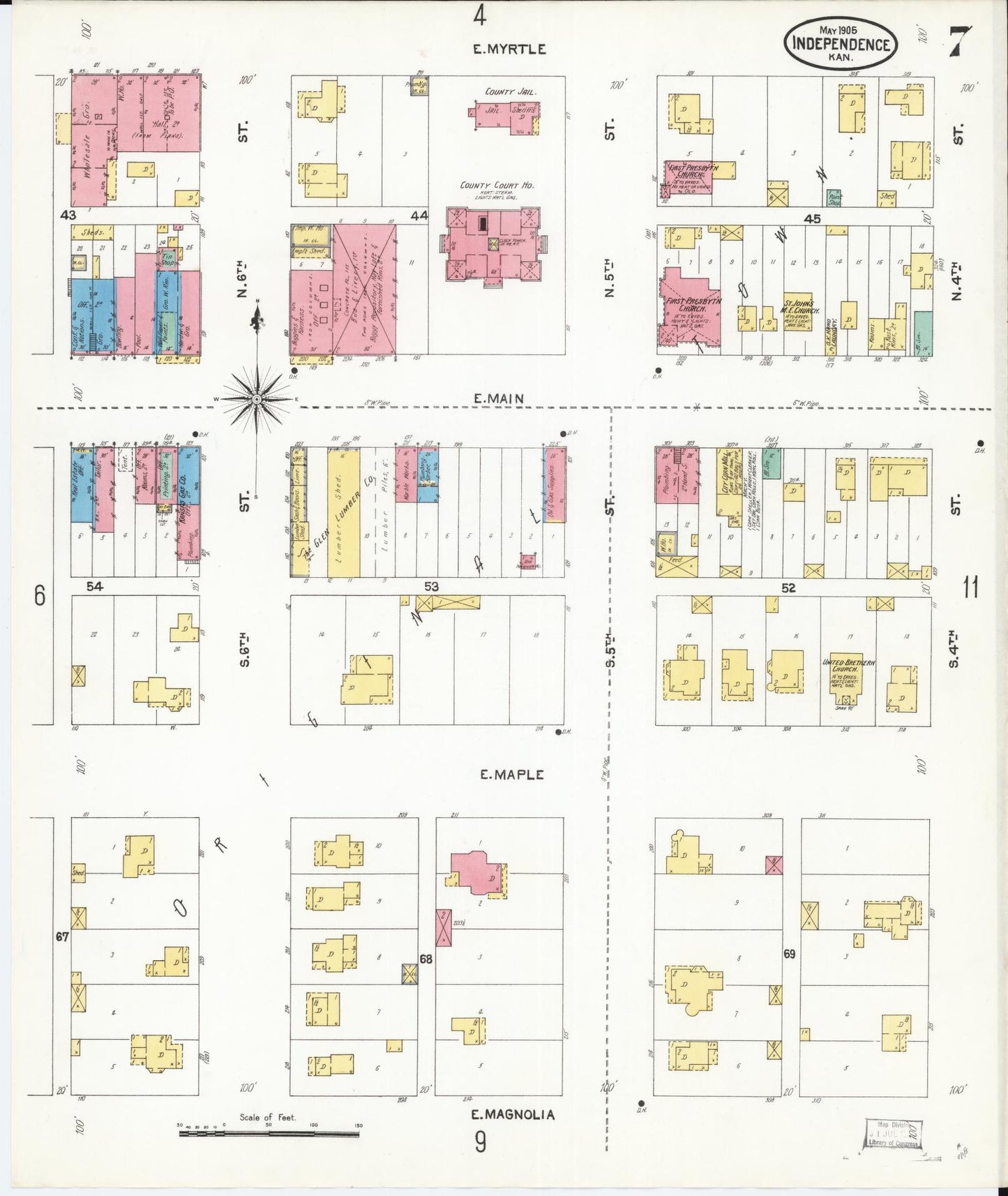 Sanborn Fire Insurance Map from Independence, Montgomery County, Kansas (1905), Sheet #0007 - Complete Map Set gallery image, historic Sanborn map, vintage wall art, Kansas Kansas