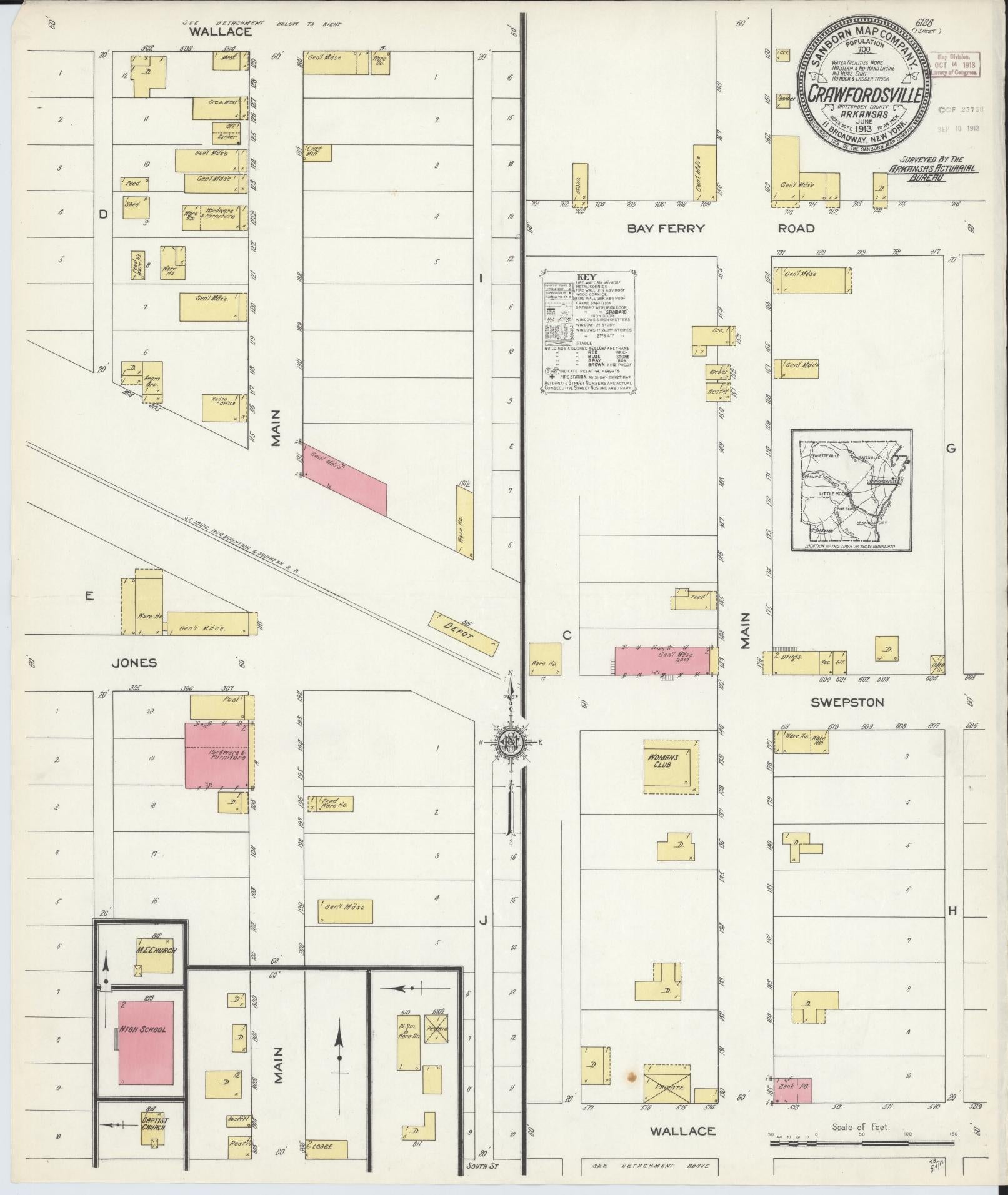 Sanborn Fire Insurance Map from Crawfordsville, Crittenden County, Arkansas (1913), Sheet #0001 - Historic Sanborn Fire Insurance Map Print, vintage old map wall art, antique decor, genealogy gift, Arkansas Arkansas map