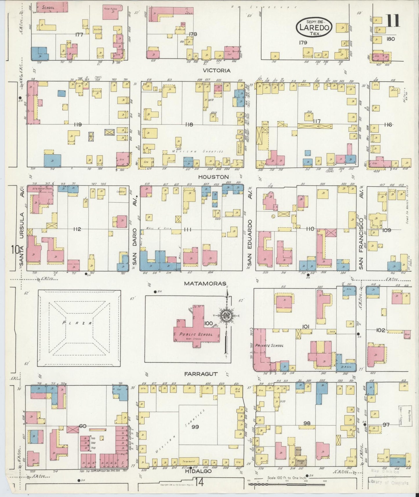 Sanborn Fire Insurance Map from Laredo, Webb County, Texas (1916), Sheet #0011 - Historic Sanborn Fire Insurance Map Print, vintage old map wall art, antique decor, genealogy gift, Texas Texas map