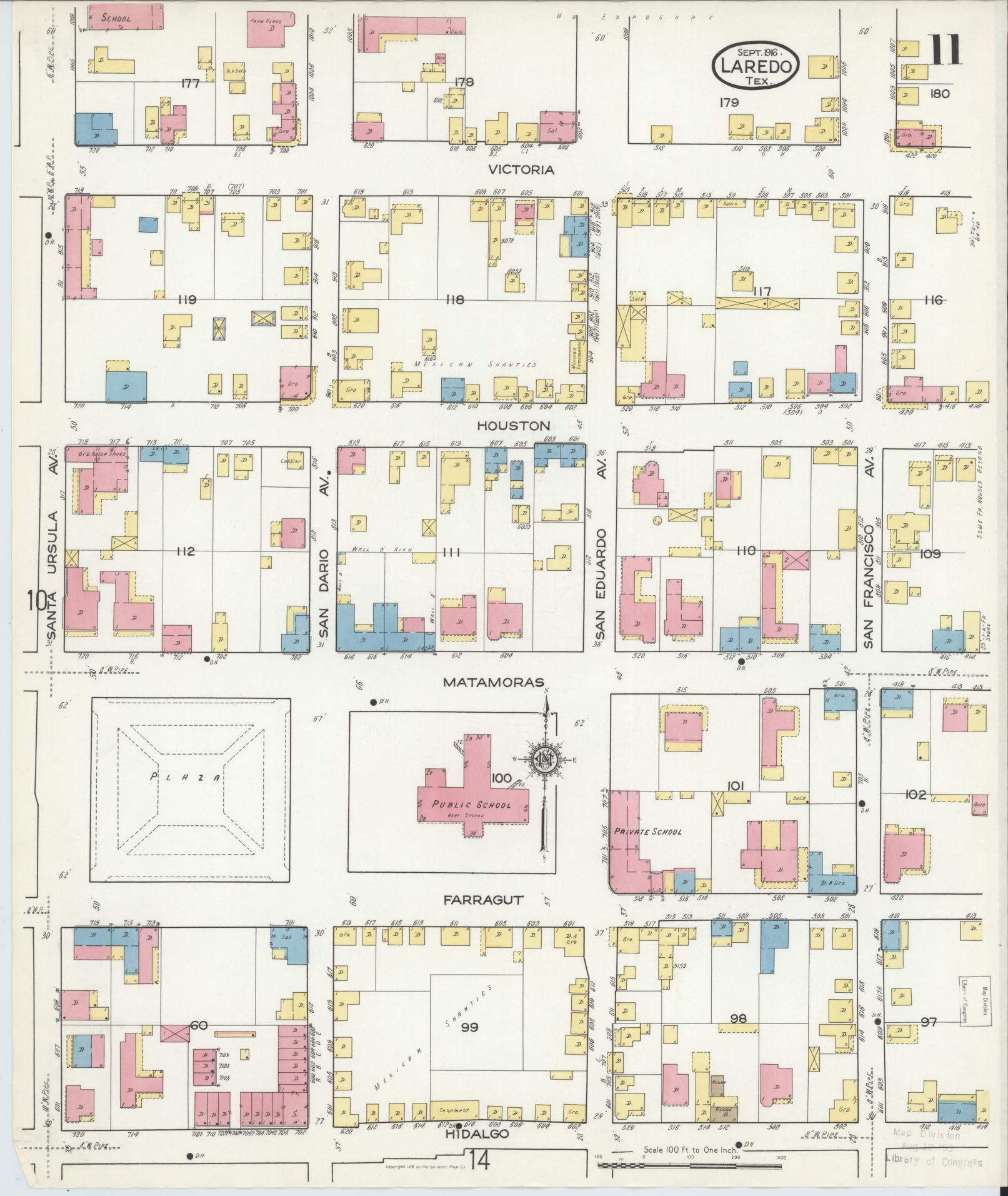 Sanborn Fire Insurance Map from Laredo, Webb County, Texas (1916), Sheet #0011 - Historic Sanborn Fire Insurance Map Print, vintage old map wall art, antique decor, genealogy gift, Texas Texas map