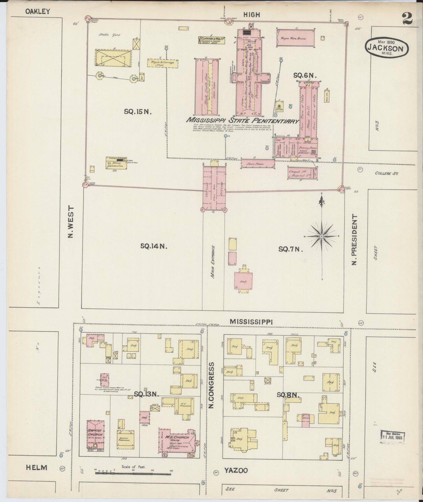 Sanborn Fire Insurance Map from Jackson, Hinds County, Mississippi (1890), Sheet #0002 - Historic Sanborn Fire Insurance Map Print, vintage old map wall art, antique decor, genealogy gift, Mississippi Mississippi map
