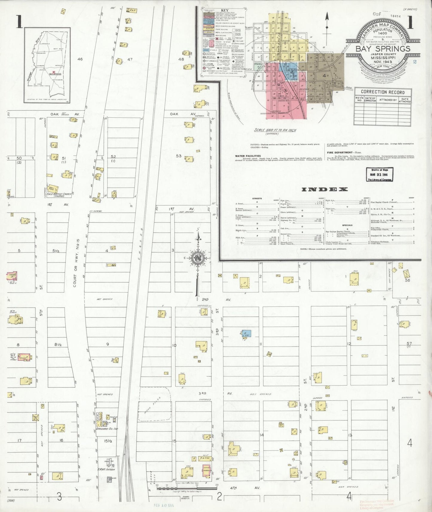 Sanborn Fire Insurance Map from Bay Springs, Jasper County, Mississippi (1943), Sheet #0001 - Complete Map Set gallery image, historic Sanborn map, vintage wall art, Mississippi Mississippi