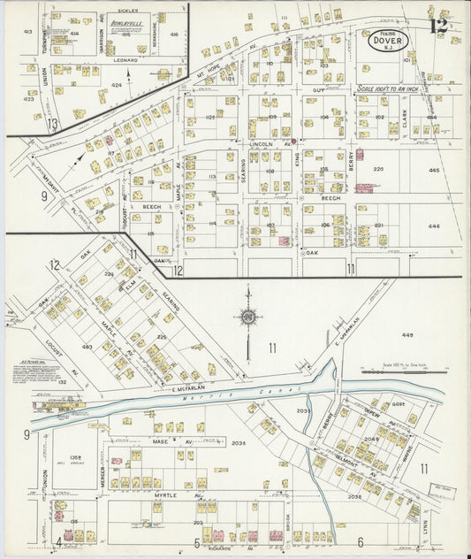 Sanborn Fire Insurance Map from Dover, Morris County, New Jersey (1916), Sheet #0012 - Historic Sanborn Fire Insurance Map Print, vintage old map wall art, antique decor, genealogy gift, New Jersey New Jersey map