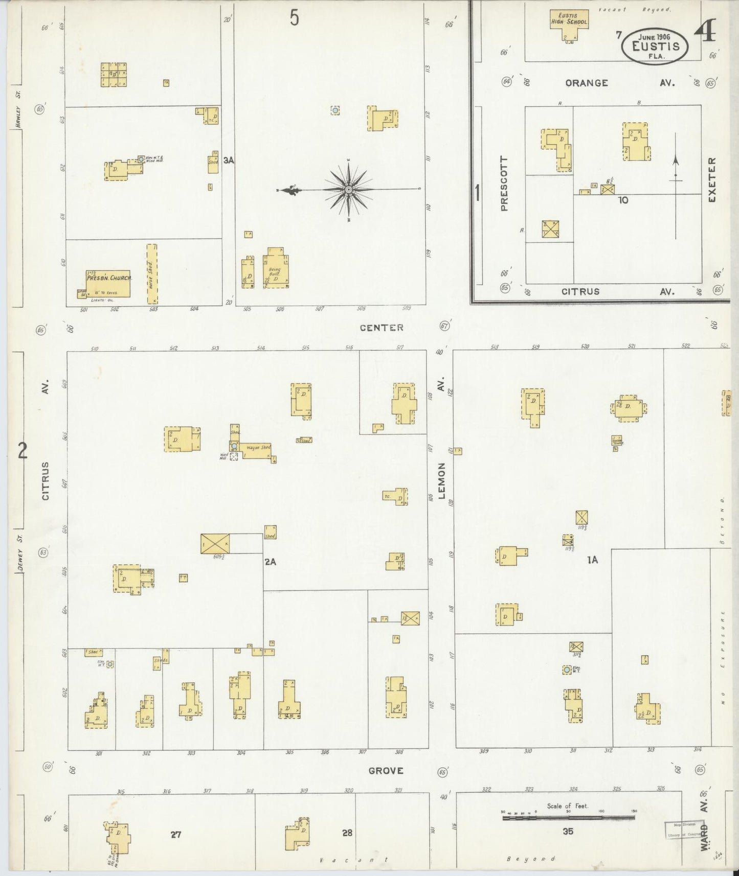 Sanborn Fire Insurance Map from Eustis, Lake County, Florida (1906), Sheet #0004 - Historic Sanborn Fire Insurance Map Print, vintage old map wall art, antique decor, genealogy gift, Florida Florida map