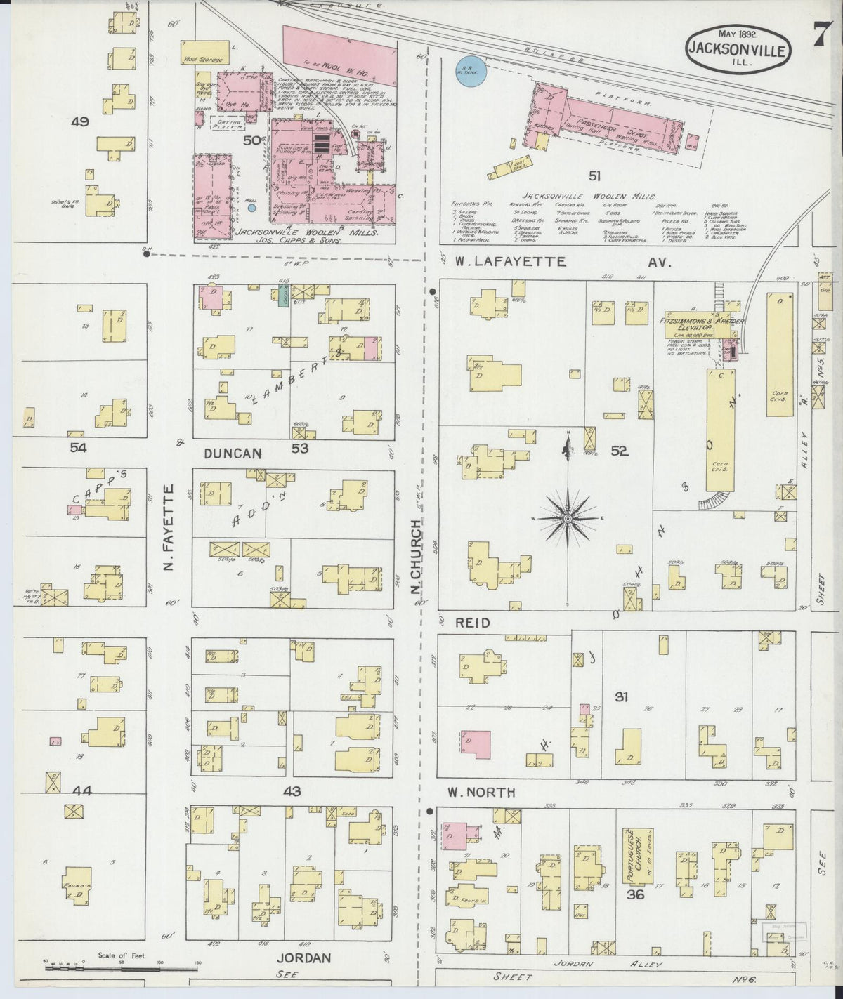 Sanborn Fire Insurance Map from Jacksonville, Morgan County, Illinois (1892), Sheet #0007 - Complete Map Set gallery image, historic Sanborn map, vintage wall art, Illinois Illinois