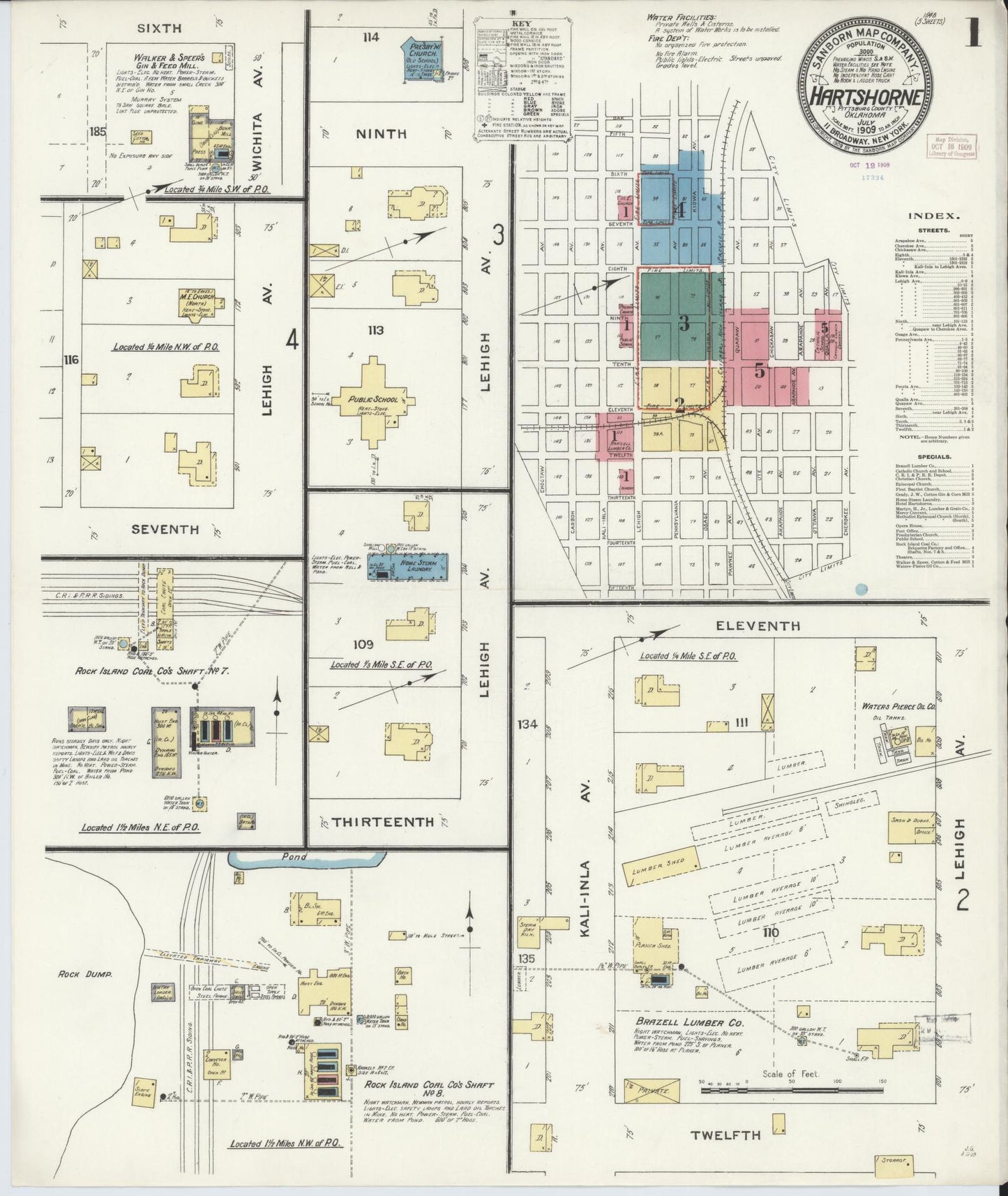 Sanborn Fire Insurance Map from Hartshorne, Pittsburg County, Oklahoma (1909), Sheet #0001 - Complete Map Set gallery image, historic Sanborn map, vintage wall art, Oklahoma Oklahoma
