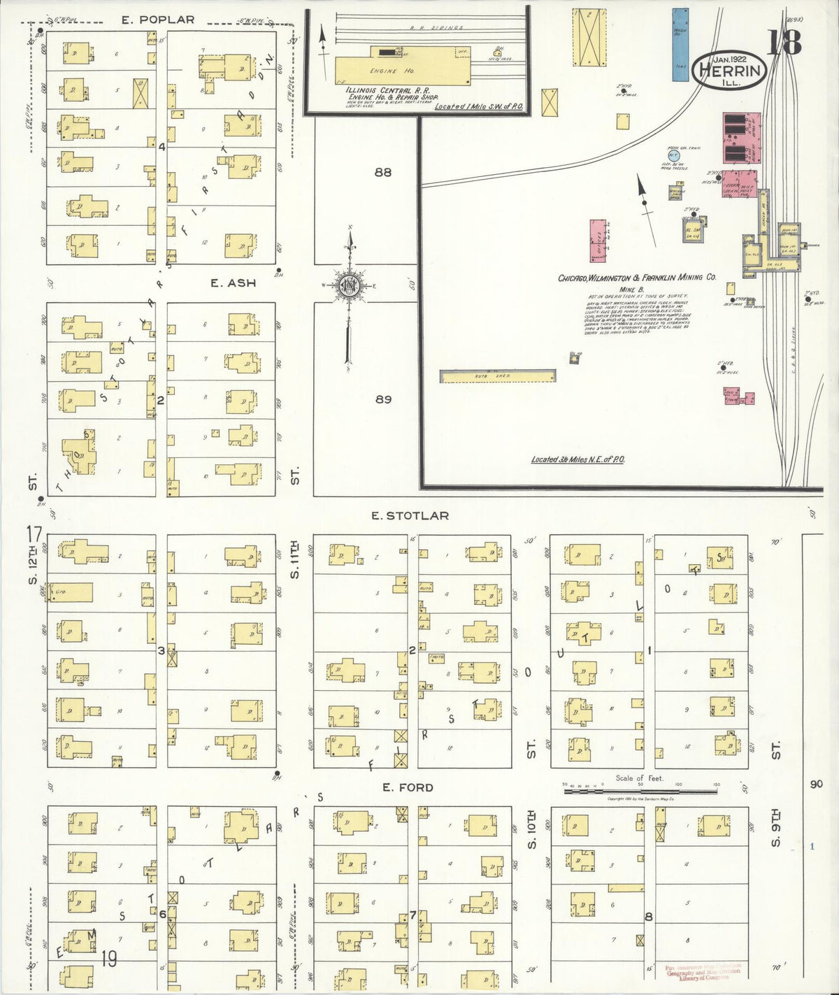 Sanborn Fire Insurance Map from Herrin, Williamson County, Illinois (1922), Sheet #0018 - Historic Sanborn Fire Insurance Map Print, vintage old map wall art, antique decor, genealogy gift, Illinois Illinois map