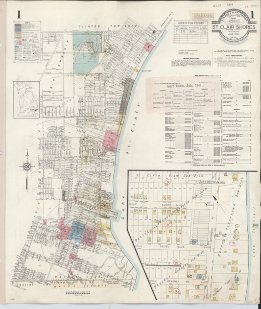 Sanborn Fire Insurance Map from Saint Clair Shores, Macomb County, Michigan (1945), Sheet #0001 - Historic Sanborn Fire Insurance Map Print, vintage old map wall art, antique decor, genealogy gift, Michigan Michigan map