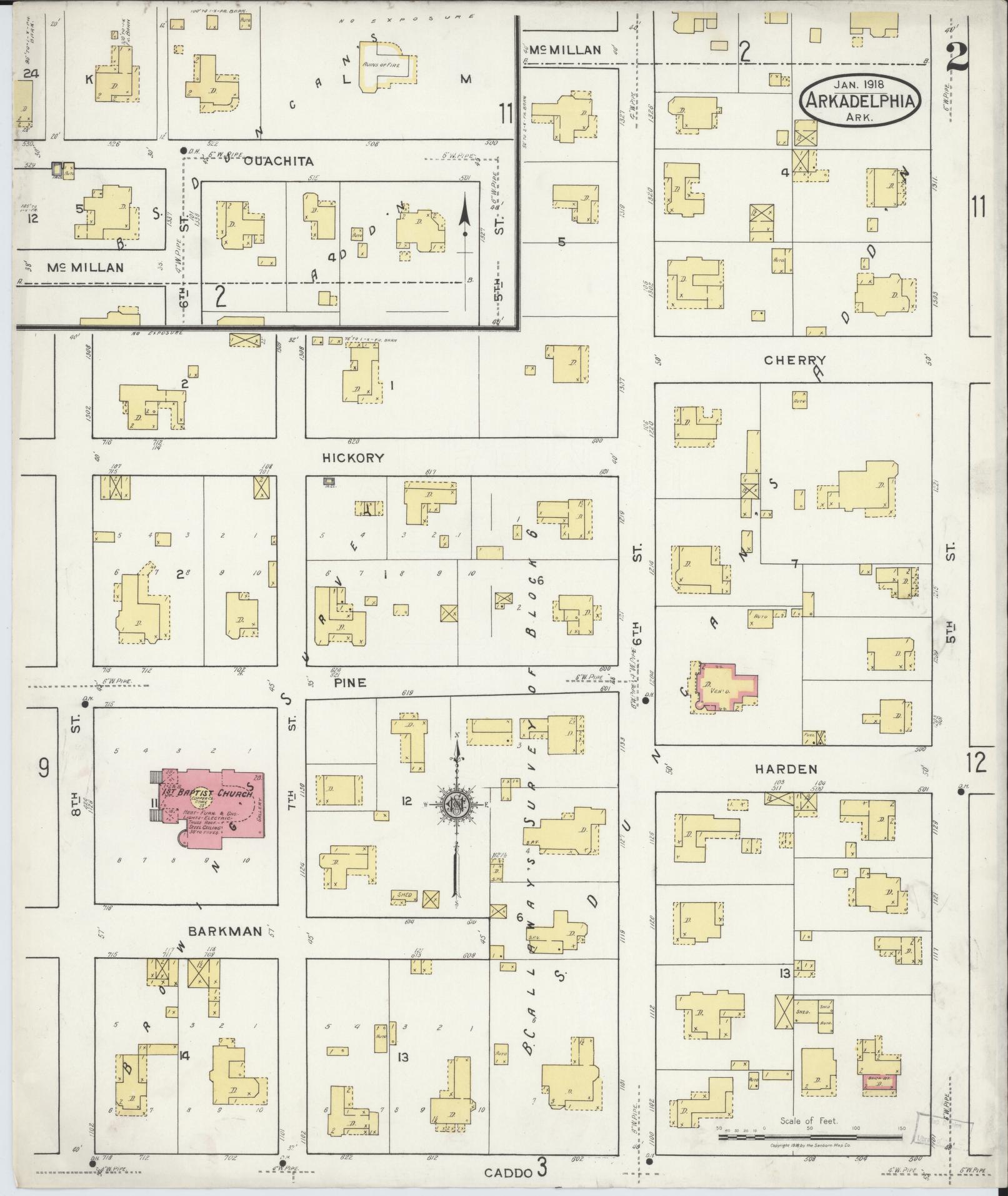 Sanborn Fire Insurance Map from Arkadelphia, Clark County, Arkansas (1918), Sheet #0002 - Historic Sanborn Fire Insurance Map Print, vintage old map wall art, antique decor, genealogy gift, Arkansas Arkansas map