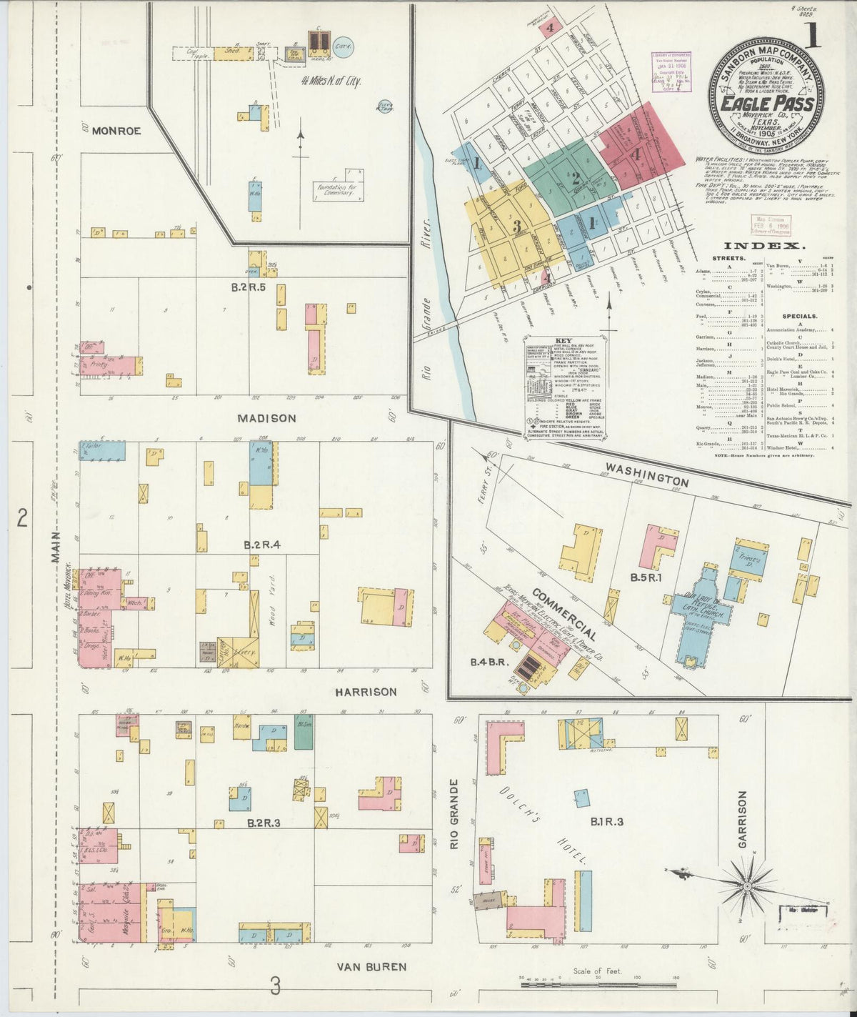 Sanborn Fire Insurance Map from Eagle Pass, Maverick County, Texas (1905), Sheet #0001 - Historic Sanborn Fire Insurance Map Print, vintage old map wall art, antique decor, genealogy gift, Texas Texas map