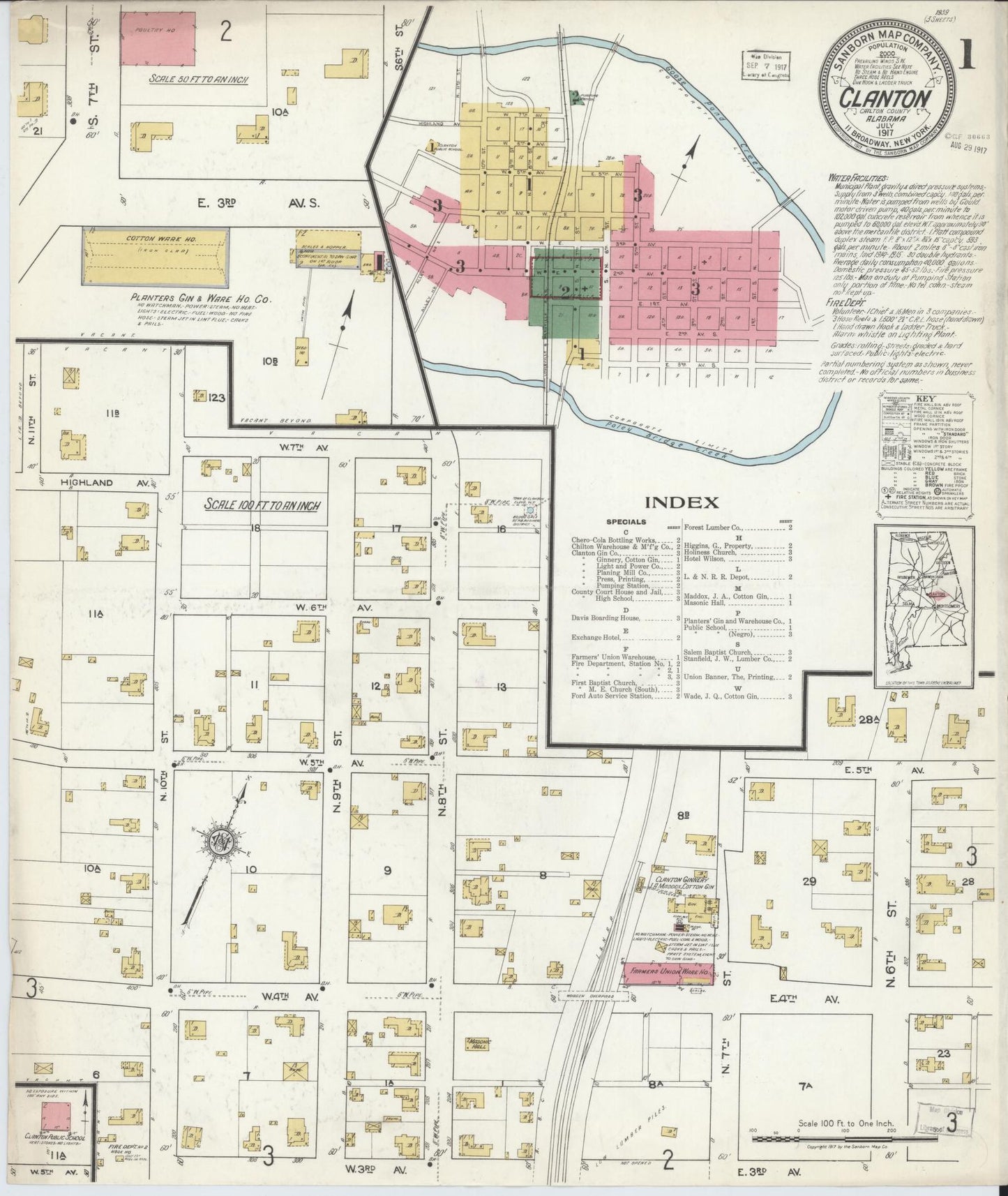Sanborn Fire Insurance Map from Clanton, Chilton County, Alabama (1917), Sheet #0001 - Complete Map Set gallery image, historic Sanborn map, vintage wall art, Alabama Alabama