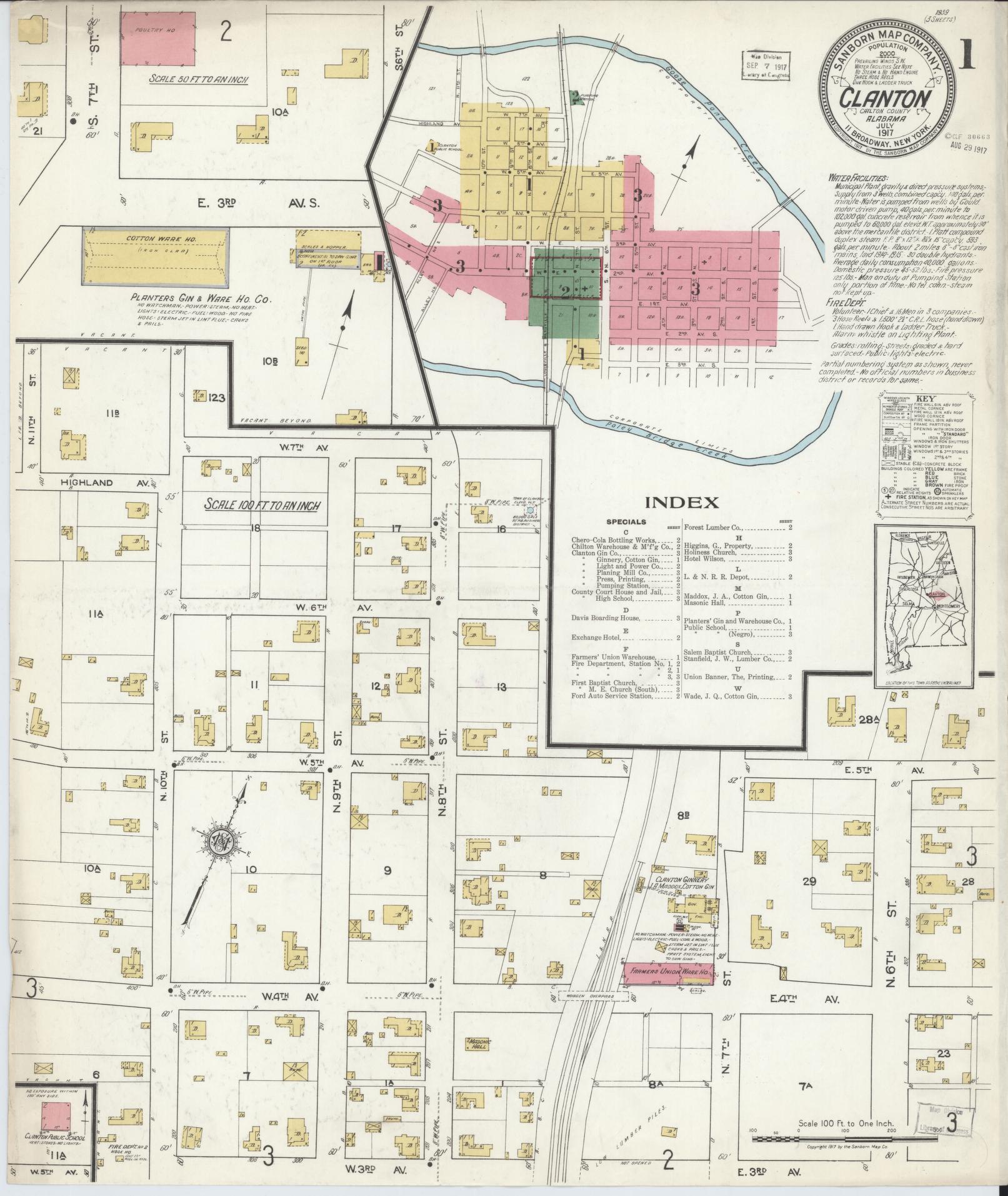 Sanborn Fire Insurance Map from Clanton, Chilton County, Alabama (1917), Sheet #0001 - Complete Map Set gallery image, historic Sanborn map, vintage wall art, Alabama Alabama