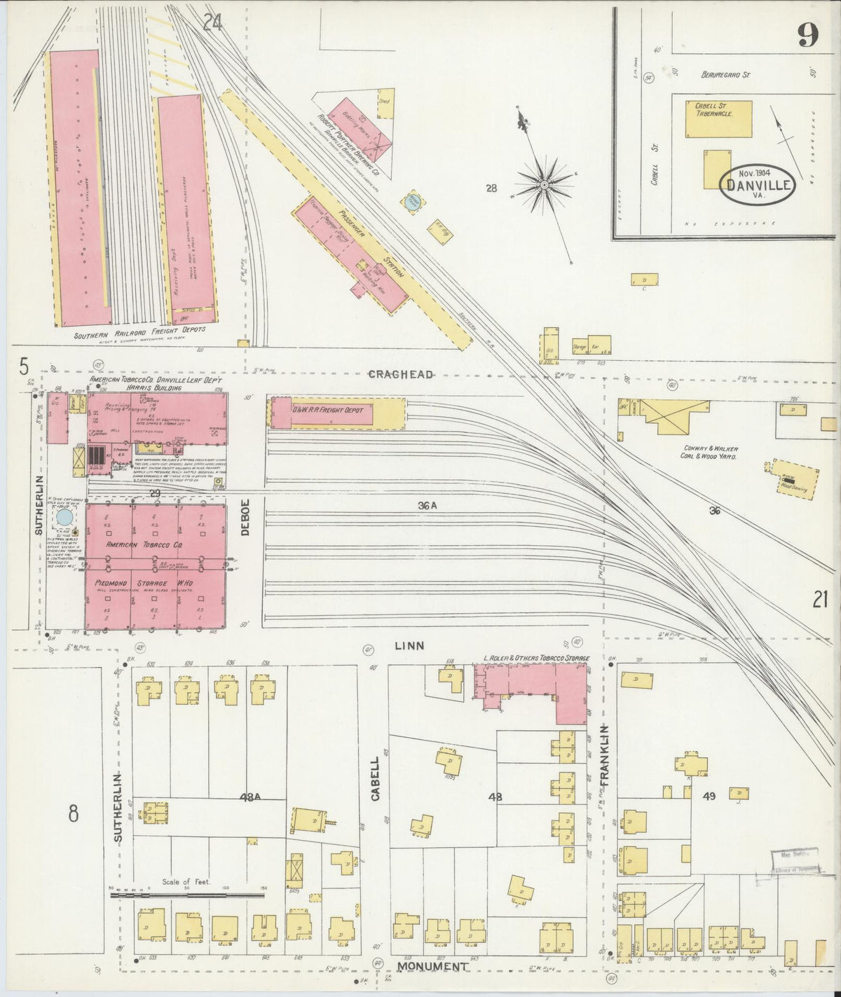 Sanborn Fire Insurance Map from Danville, Independent Cities, Virginia (1904), Sheet #0009 - Historic Sanborn Fire Insurance Map Print, vintage old map wall art, antique decor, genealogy gift, Virginia Virginia map