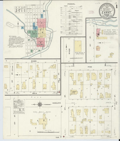 Sanborn Fire Insurance Map from Evart, Osceola County, Michigan (1910), Sheet #0001 - Complete Map Set gallery image, historic Sanborn map, vintage wall art, Michigan Michigan