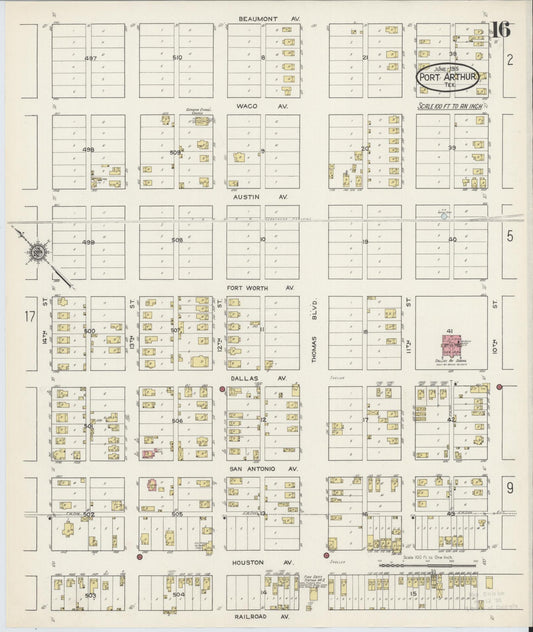 Sanborn Fire Insurance Map from Port Arthur, Jefferson County, Texas (1915), Sheet #0016 - Historic Sanborn Fire Insurance Map Print, vintage old map wall art, antique decor, genealogy gift, Texas Texas map