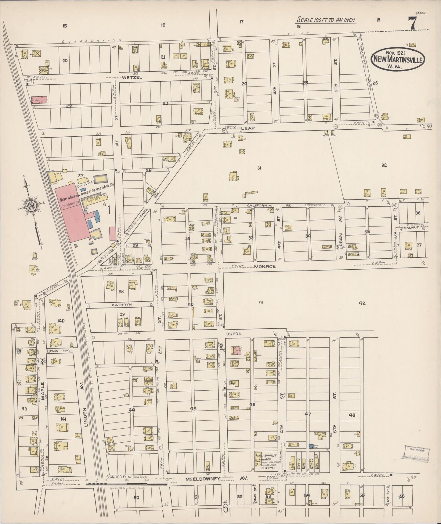 Sanborn Fire Insurance Map from New Martinsville, Wetzel County, West Virginia (1921), Sheet #0007 - Complete Map Set gallery image, historic Sanborn map, vintage wall art, West Virginia West Virginia