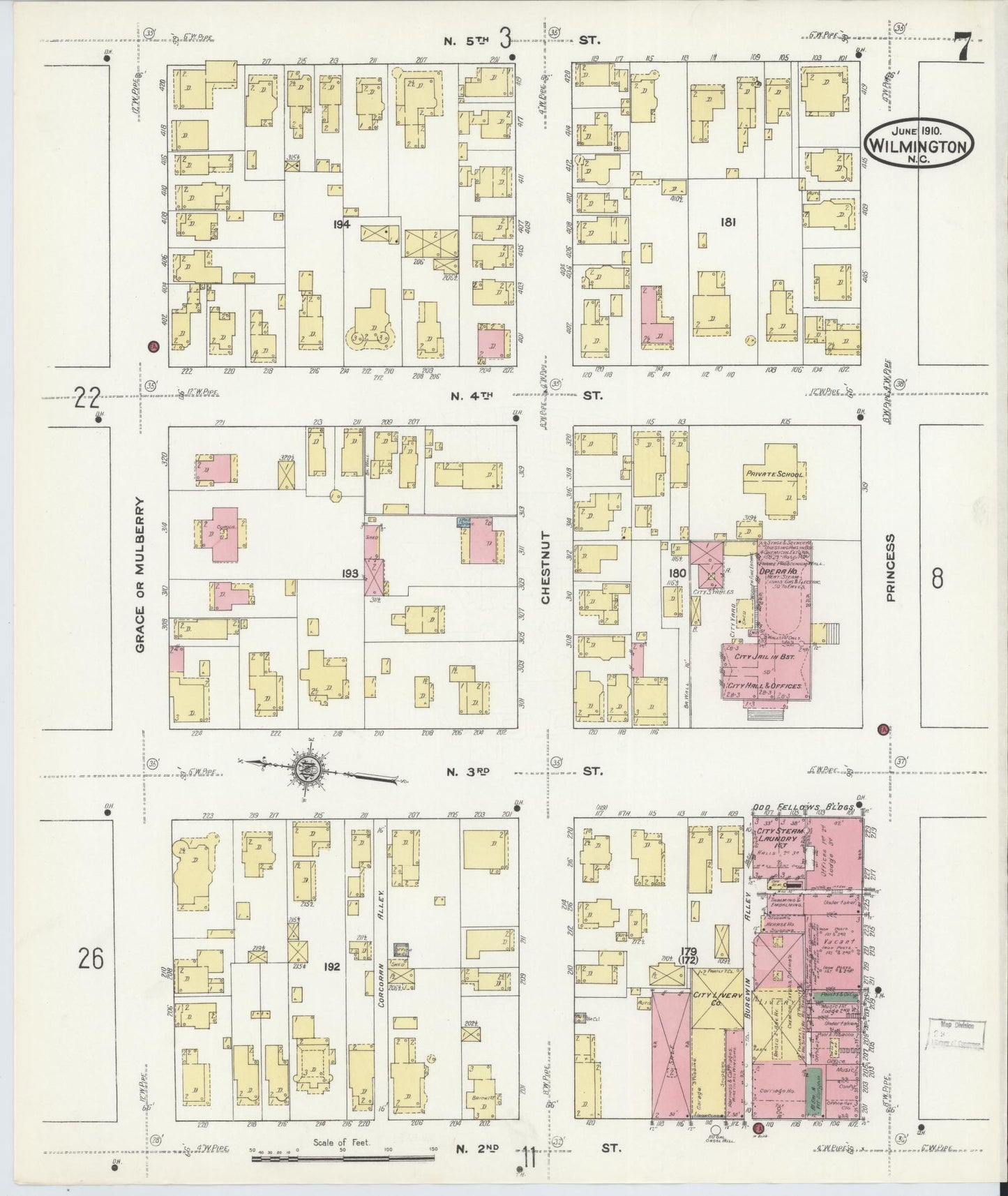 Sanborn Fire Insurance Map from Wilmington, New Hanover County, North Carolina (1910), Sheet #0007 - Complete Map Set gallery image, historic Sanborn map, vintage wall art, North Carolina North Carolina