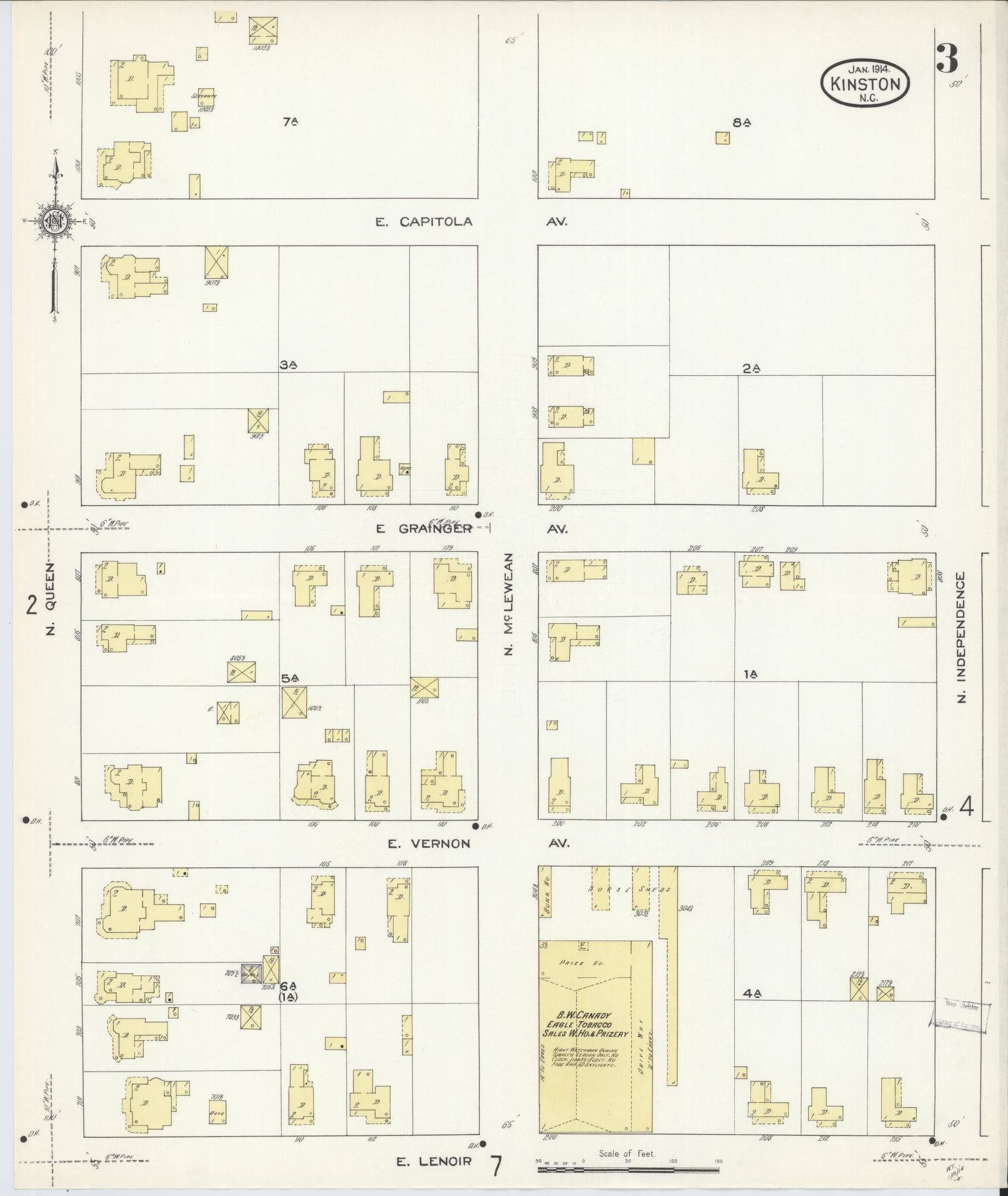 Sanborn Fire Insurance Map from Kinston, Lenoir County, North Carolina (1914), Sheet #0003 - Complete Map Set gallery image, historic Sanborn map, vintage wall art, North Carolina North Carolina