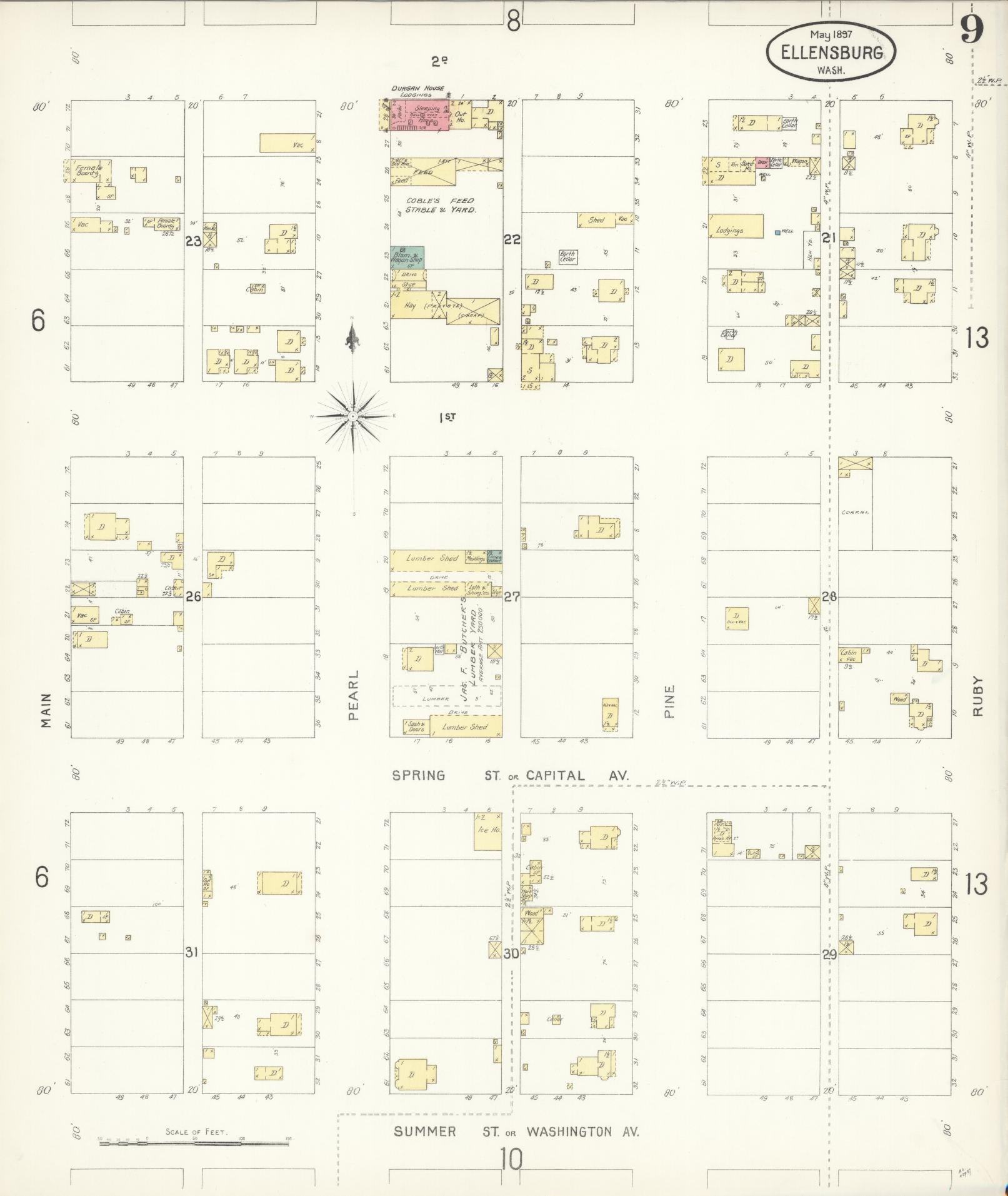 Sanborn Fire Insurance Map from Ellensburg, Kittitas County, Washington (1897), Sheet #0009 - Complete Map Set gallery image, historic Sanborn map, vintage wall art, Washington Washington