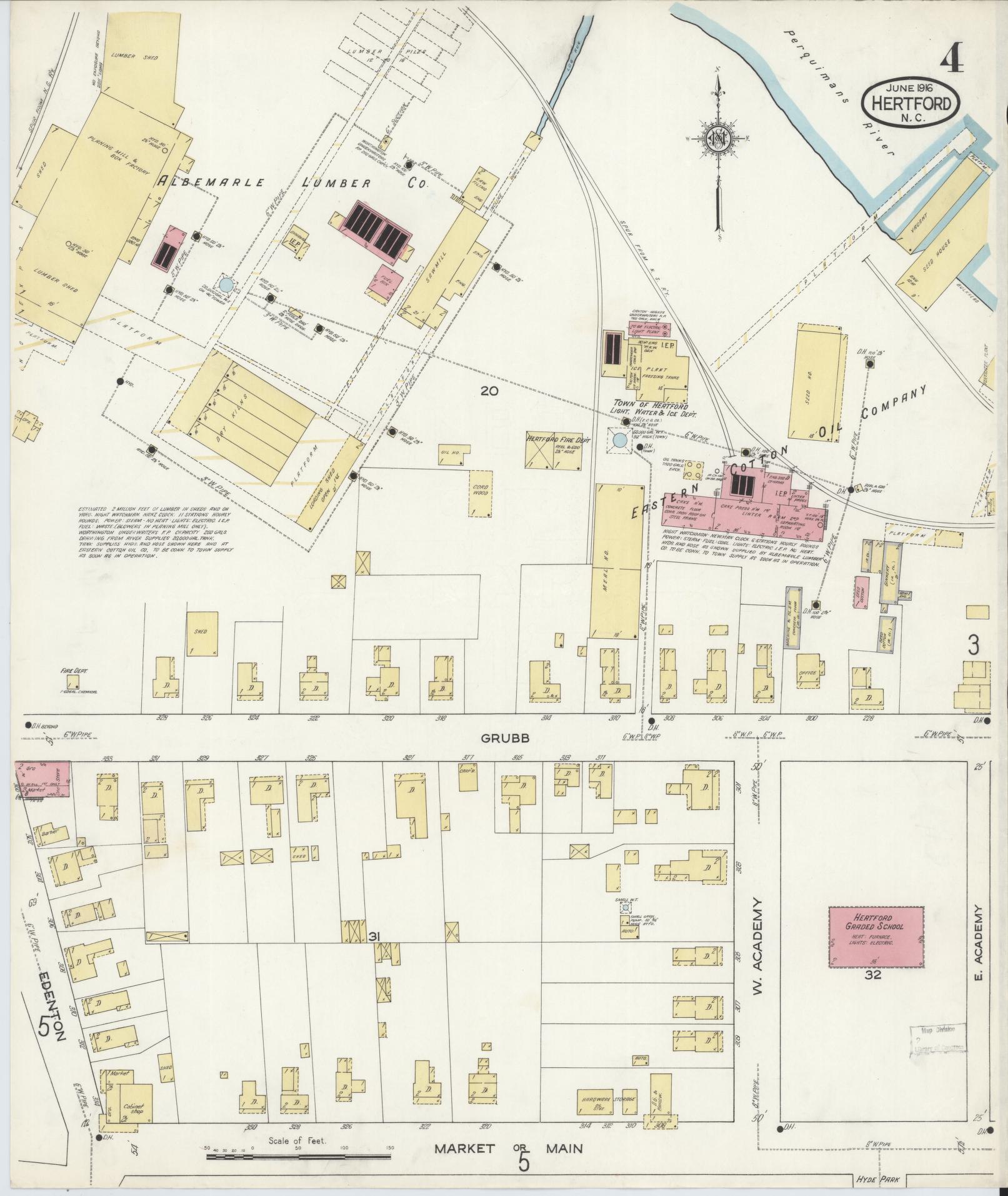 Sanborn Fire Insurance Map from Hertford, Perquimans County, North Carolina (1916), Sheet #0004 - Historic Sanborn Fire Insurance Map Print, vintage old map wall art, antique decor, genealogy gift, North Carolina North Carolina map
