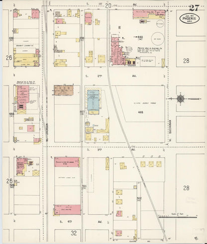 Sanborn Fire Insurance Map from Phoenix, Maricopa County, Arizona (1911), Sheet #0027 - Complete Map Set gallery image, historic Sanborn map, vintage wall art, Arizona Arizona