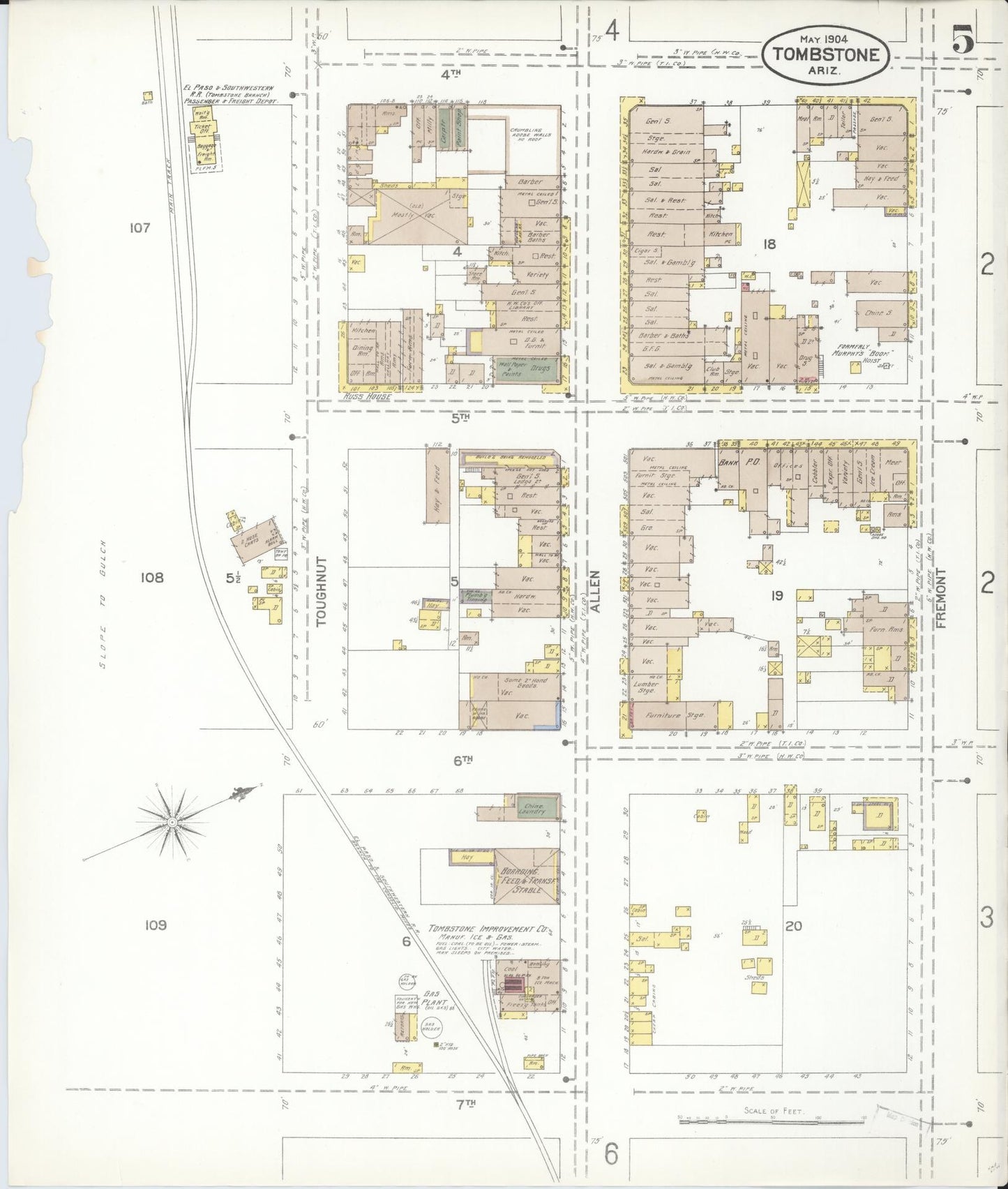 Sanborn Fire Insurance Map from Tombstone, Cochise County, Arizona (1904), Sheet #0005 - Complete Map Set gallery image, historic Sanborn map, vintage wall art, Arizona Arizona