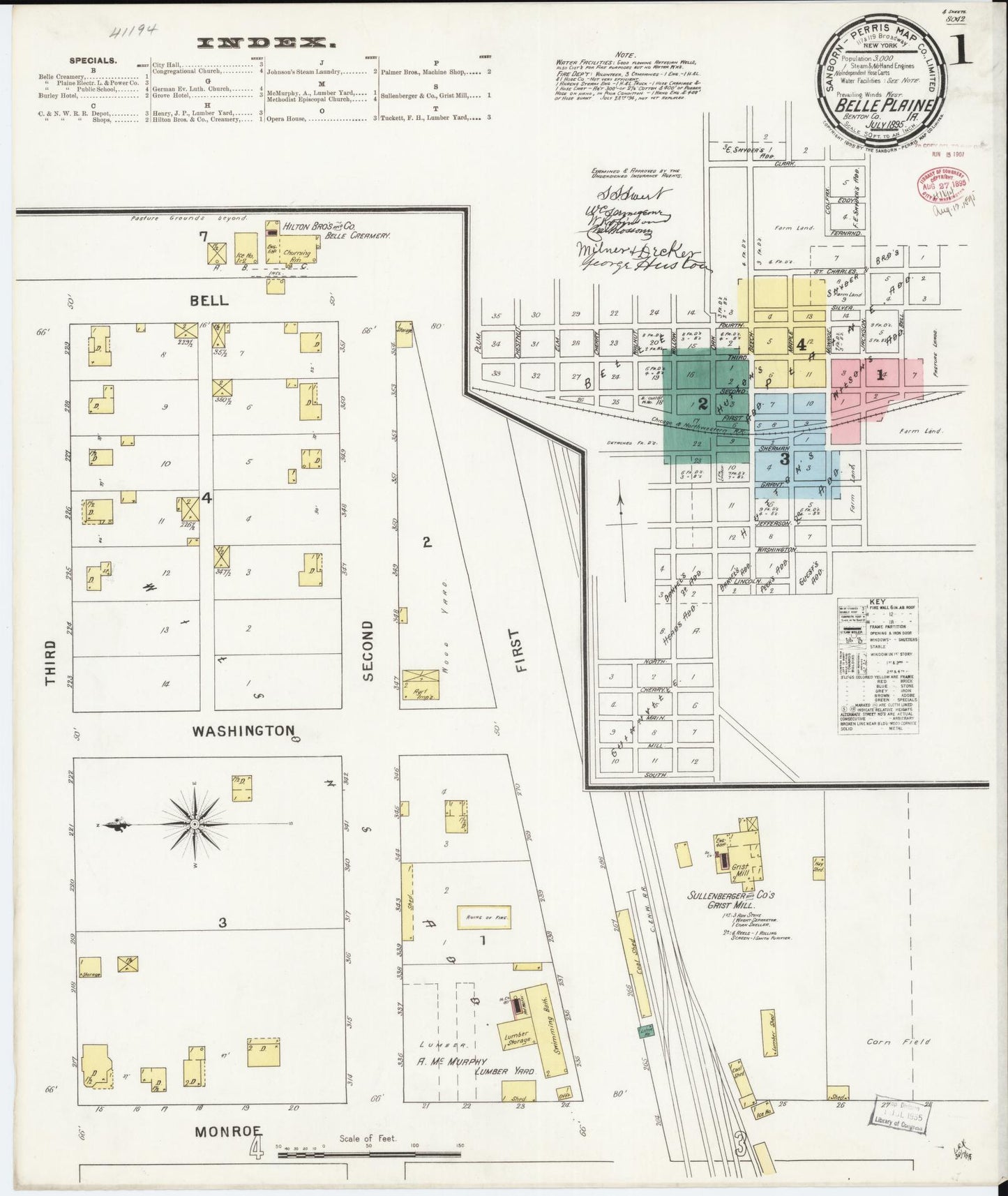 Sanborn Fire Insurance Map from Belle Plaine, Benton County, Iowa (1895), Sheet #0001 - Historic Sanborn Fire Insurance Map Print, vintage old map wall art