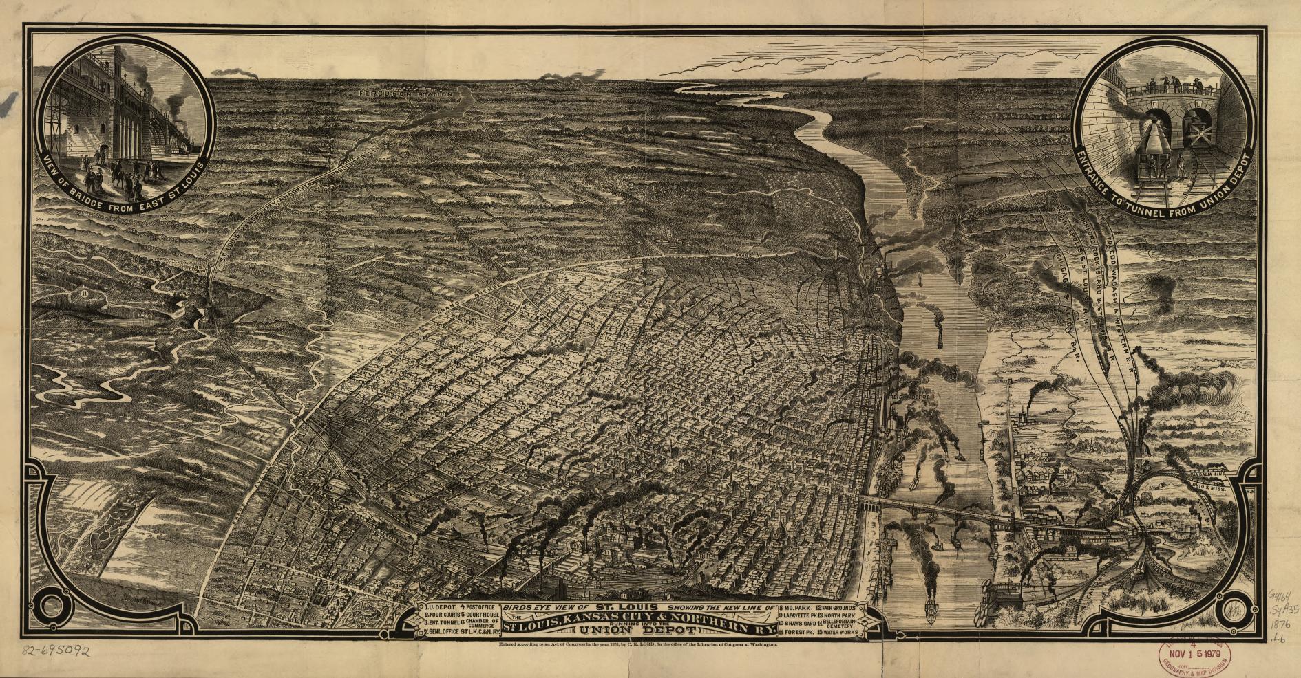 Birds eye view of St. Louis : showing the new line of the St. Louis, Kansas City & Northern Ry. running into the Union Depot. (1876) – Historic Bird’s-Eye View Panorama Print