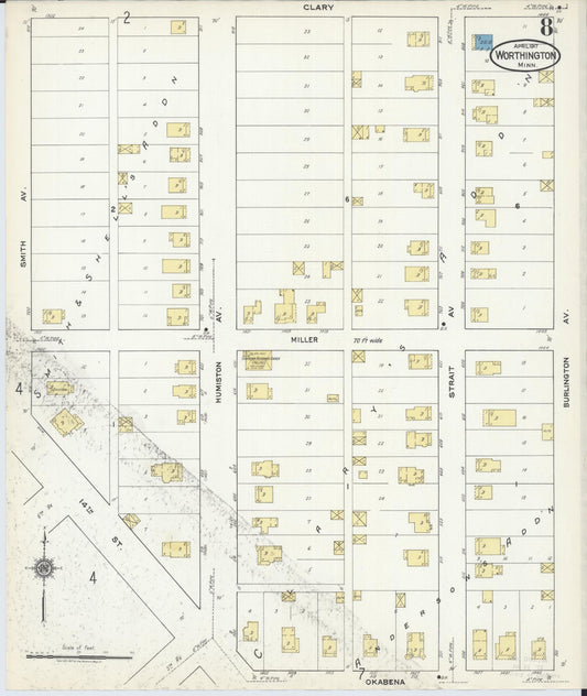Sanborn Fire Insurance Map from Worthington, Nobles County, Minnesota (1917), Sheet #0008 - Historic Sanborn Fire Insurance Map Print, vintage old map wall art, antique decor, genealogy gift, Minnesota Minnesota map