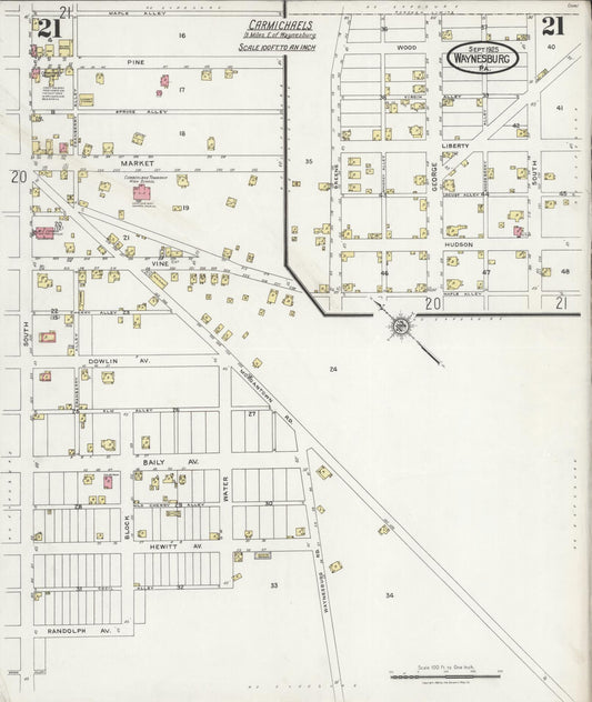 Sanborn Fire Insurance Map from Waynesburg, Greene County, Pennsylvania (1925), Sheet #0021 - Historic Sanborn Fire Insurance Map Print, vintage old map wall art, antique decor, genealogy gift, Pennsylvania Pennsylvania map