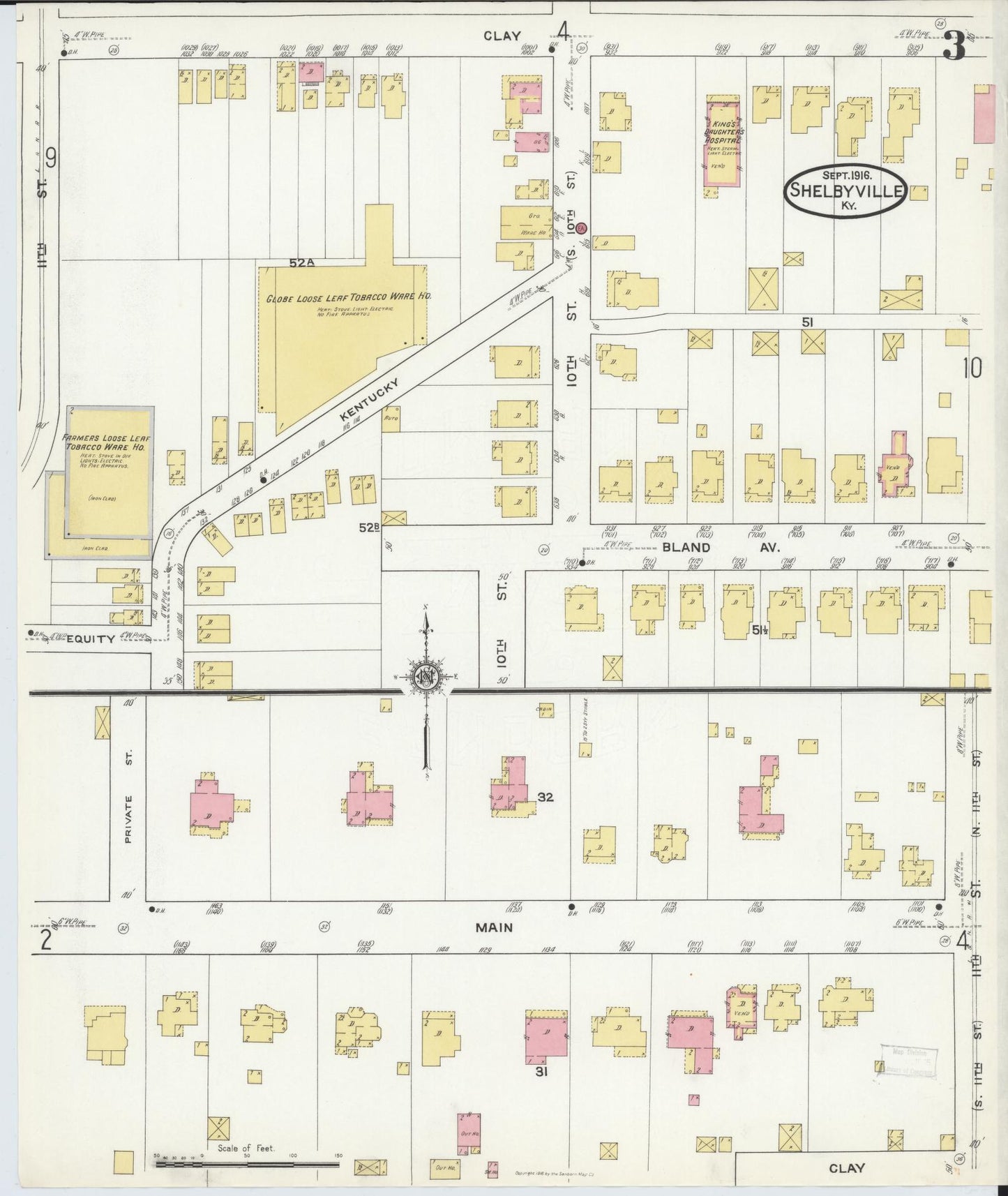 Sanborn Fire Insurance Map from Shelbyville, Shelby County, Kentucky (1916), Sheet #0003 - Historic Sanborn Fire Insurance Map Print, vintage old map wall art, antique decor, genealogy gift, Kentucky Kentucky map