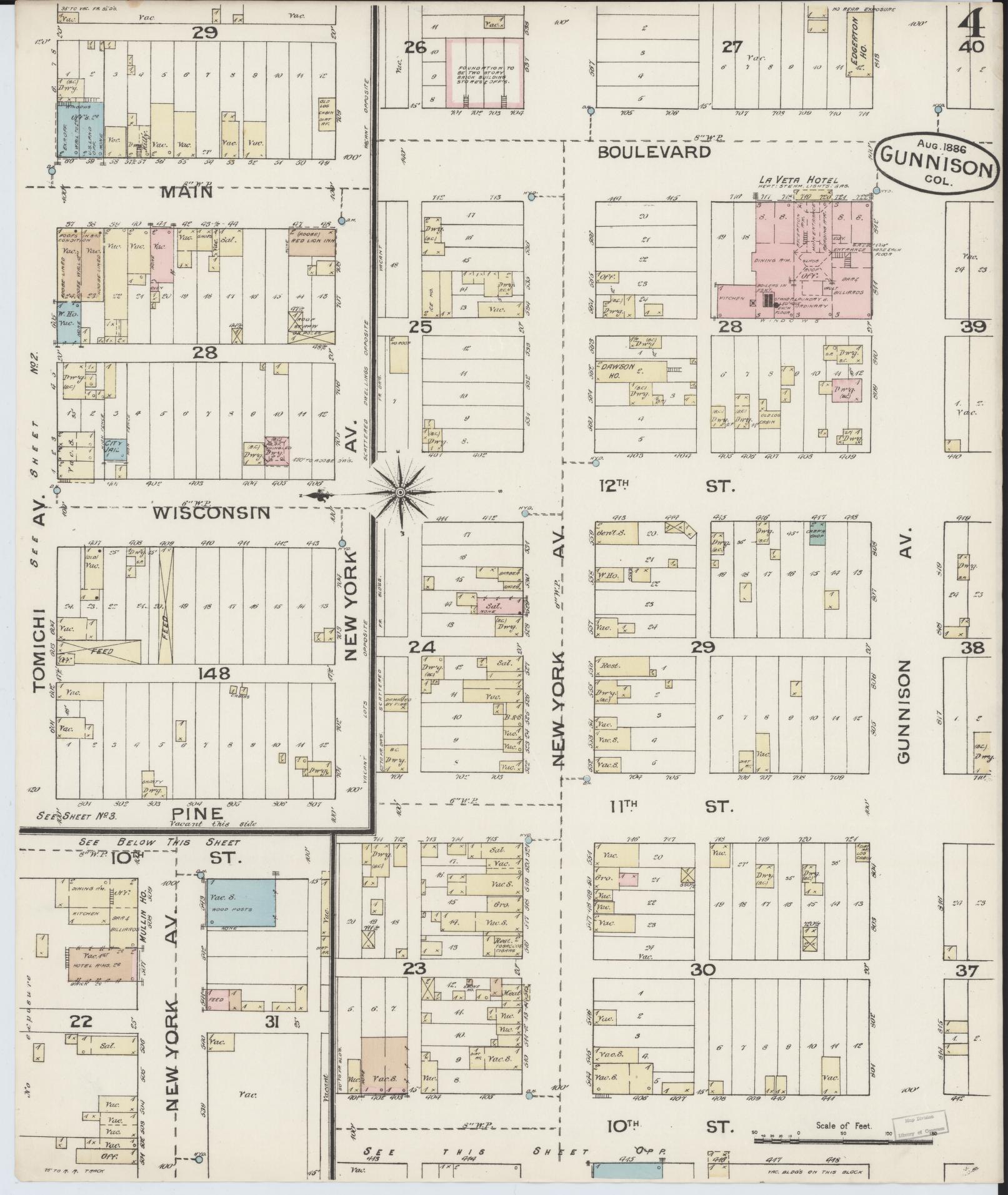 Sanborn Fire Insurance Map from Gunnison, Gunnison County, Colorado (1886), Sheet #0004 - Complete Map Set gallery image, historic Sanborn map, vintage wall art, Colorado Colorado