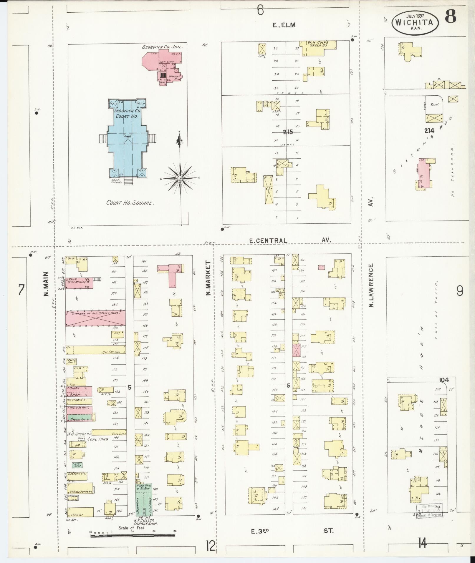 Sanborn Fire Insurance Map from Wichita, Sedgwick County, Kansas (1897), Sheet #0008 - Historic Sanborn Fire Insurance Map Print, vintage old map wall art, antique decor, genealogy gift, Kansas Kansas map