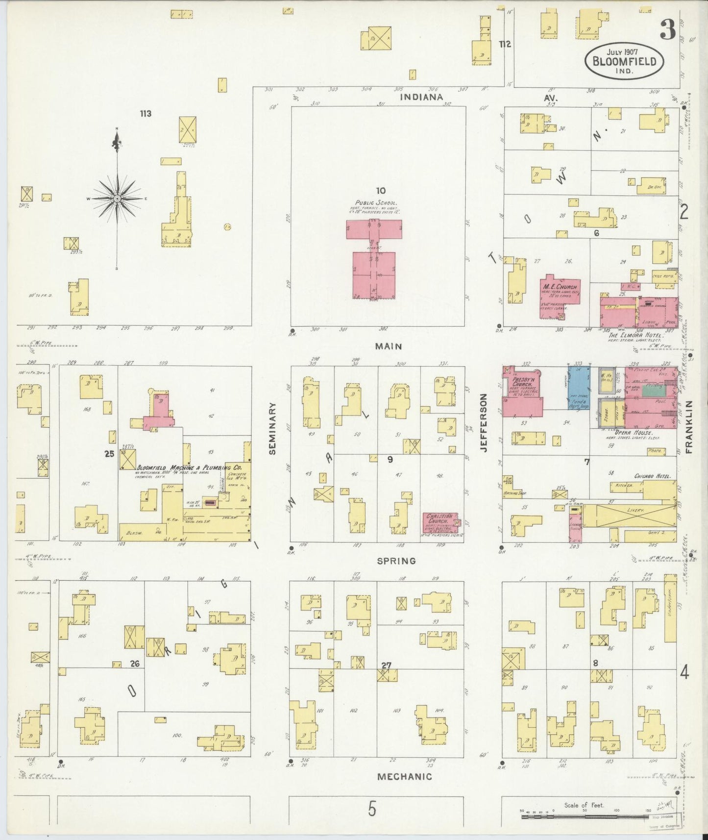 Sanborn Fire Insurance Map from Bloomfield, Greene County, Indiana (1907), Sheet #0003 - Complete Map Set gallery image, historic Sanborn map, vintage wall art, Indiana Indiana