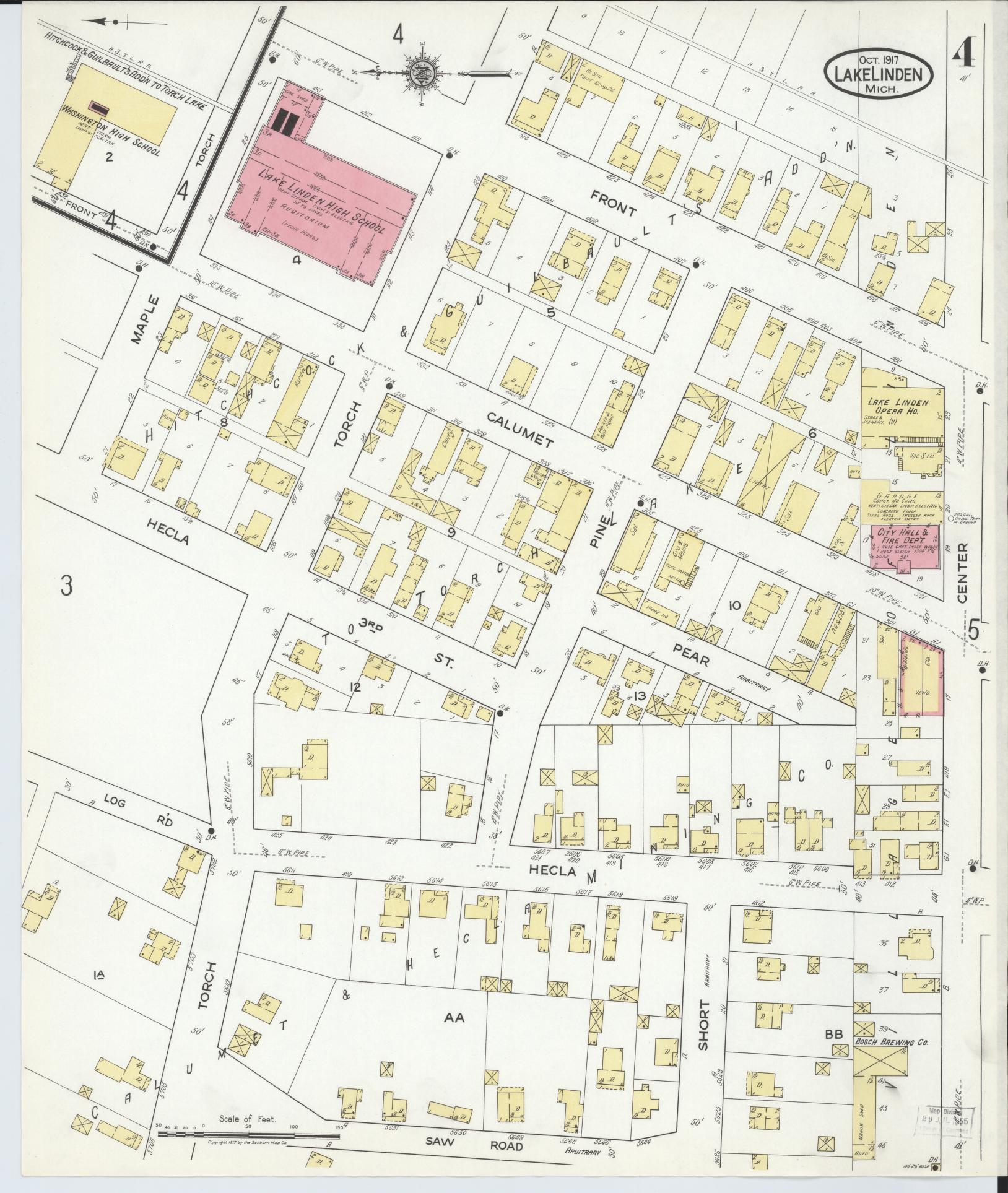 Sanborn Fire Insurance Map from Lake Linden, Houghton County, Michigan (1917), Sheet #0004 - Complete Map Set gallery image, historic Sanborn map, vintage wall art, Michigan Michigan