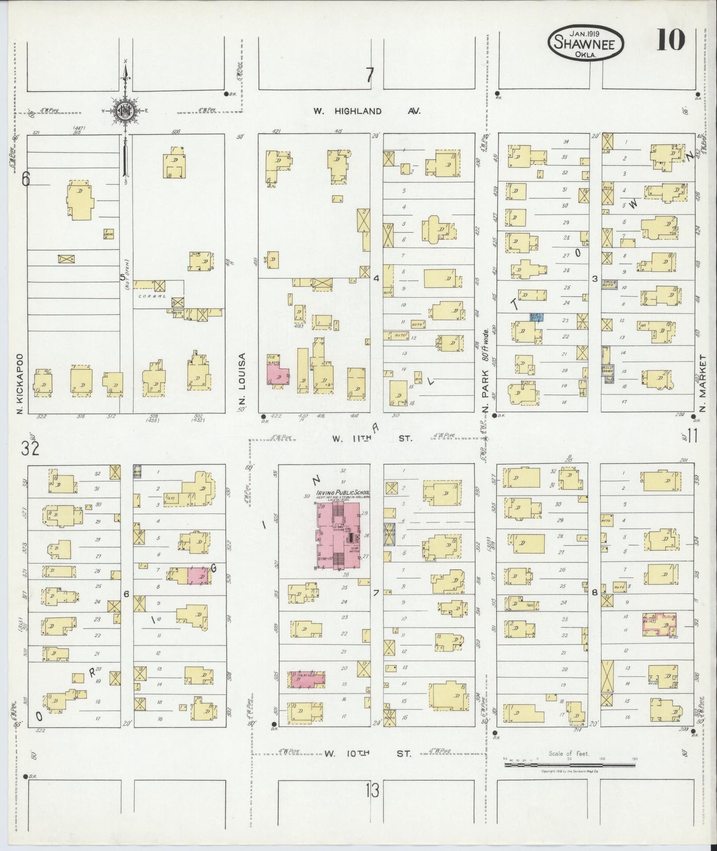 Sanborn Fire Insurance Map from Shawnee, Pottawatomie County, Oklahoma (1919), Sheet #0010 - Complete Map Set gallery image, historic Sanborn map, vintage wall art, Oklahoma Oklahoma