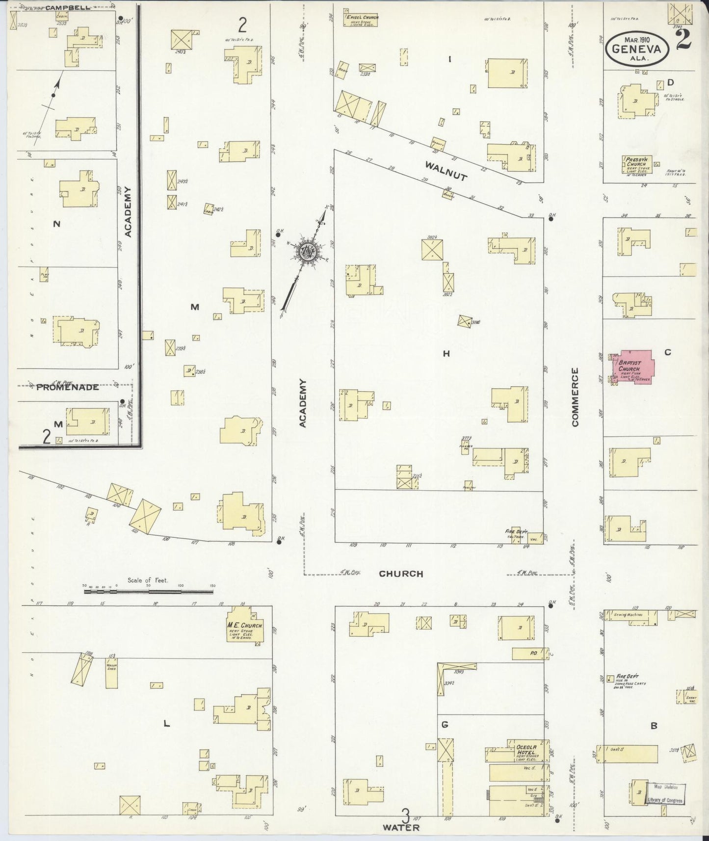 Sanborn Fire Insurance Map from Geneva, Geneva County, Alabama (1910), Sheet #0002 - Complete Map Set gallery image, historic Sanborn map, vintage wall art, Alabama Alabama