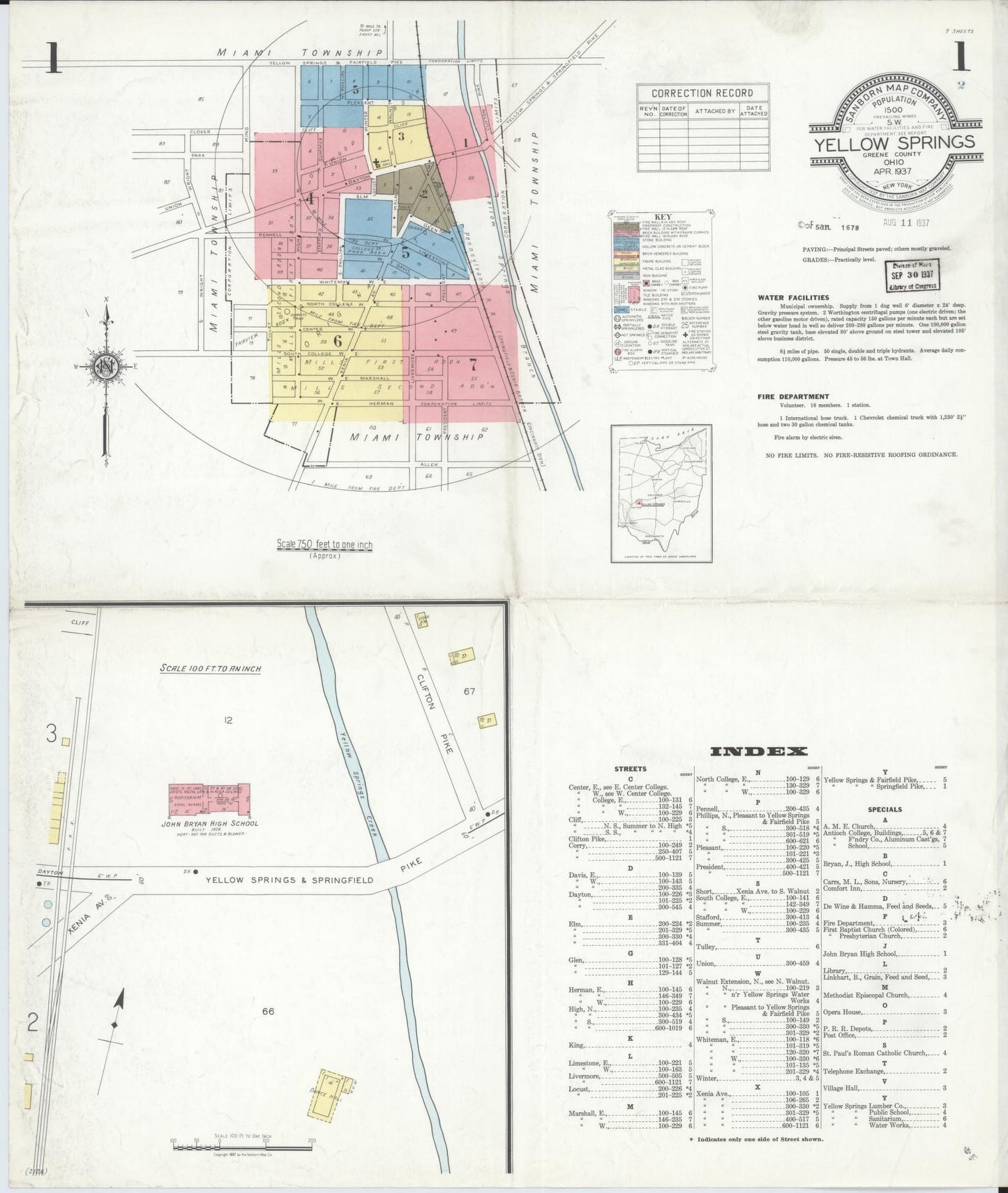 Sanborn Fire Insurance Map from Yellow Springs, Greene County, Ohio (1937), Sheet #0001 - Complete Map Set gallery image, historic Sanborn map, vintage wall art, Ohio Ohio