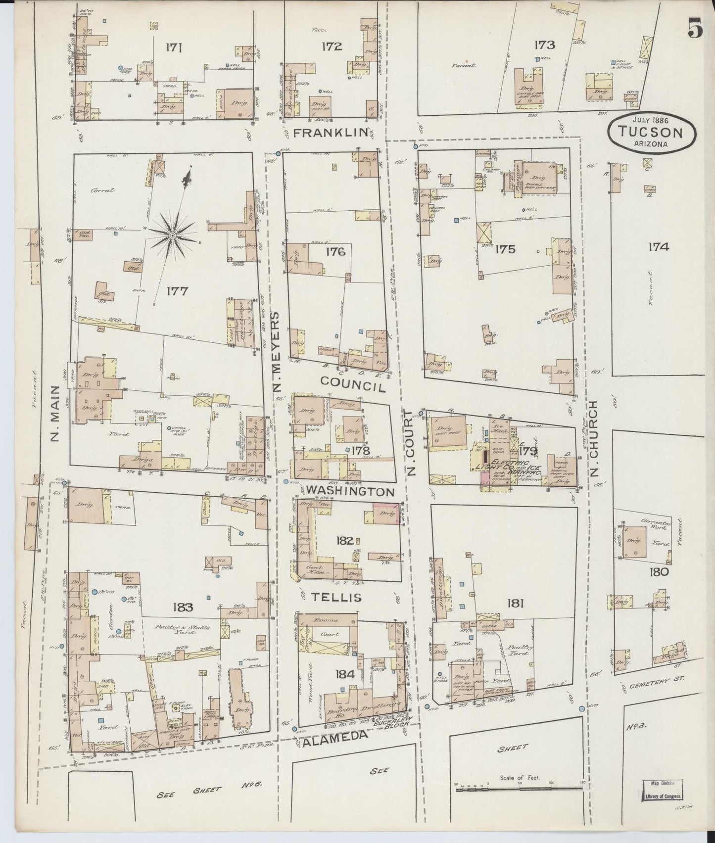 Sanborn Fire Insurance Map from Tucson, Pima County, Arizona (1886), Sheet #0005 - Complete Map Set gallery image, historic Sanborn map, vintage wall art, Arizona Arizona
